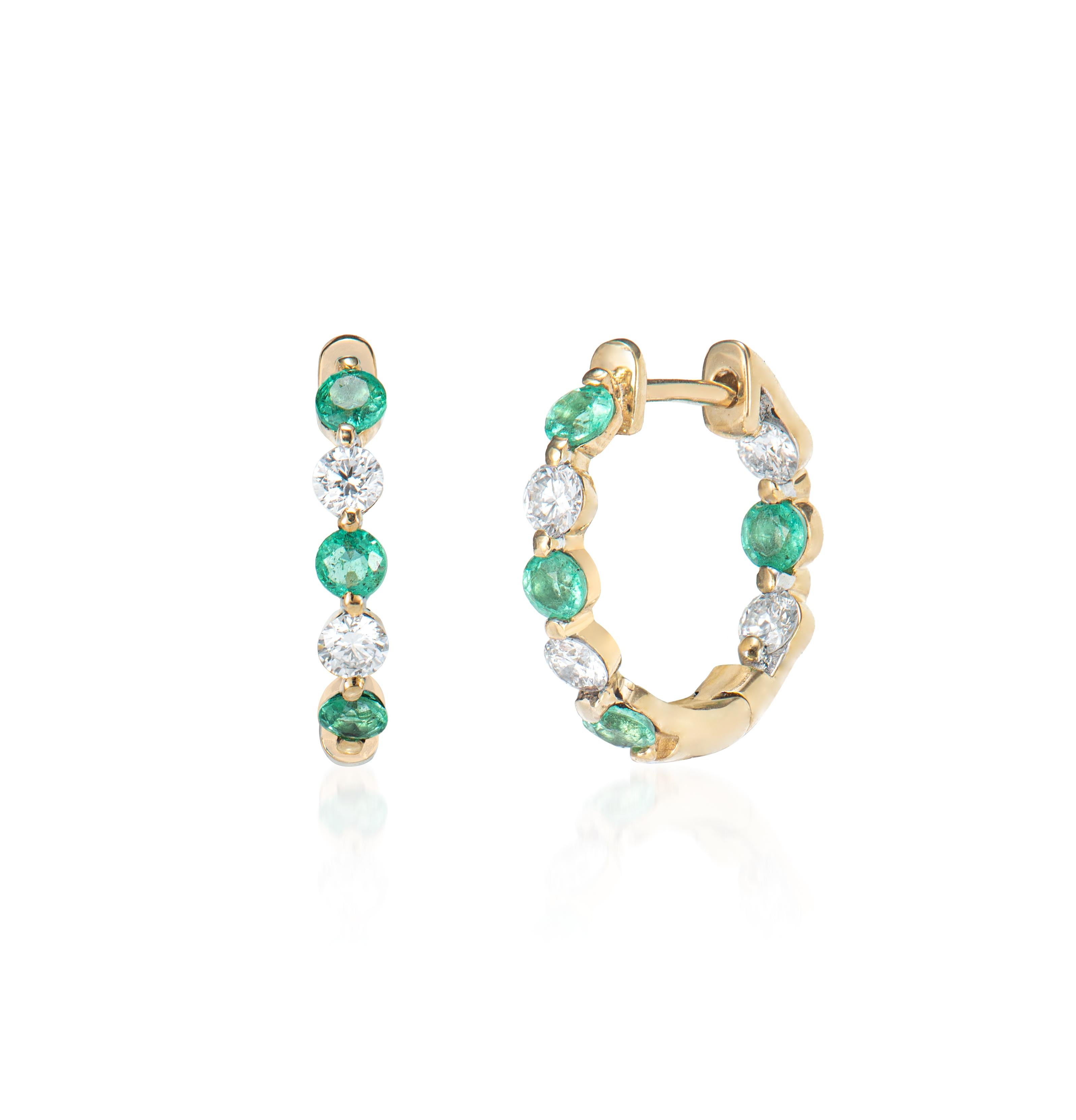 Round Cut 0.502 Carat Emerald Hoop Earrings in 14 Karat Yellow Gold with White Diamond For Sale
