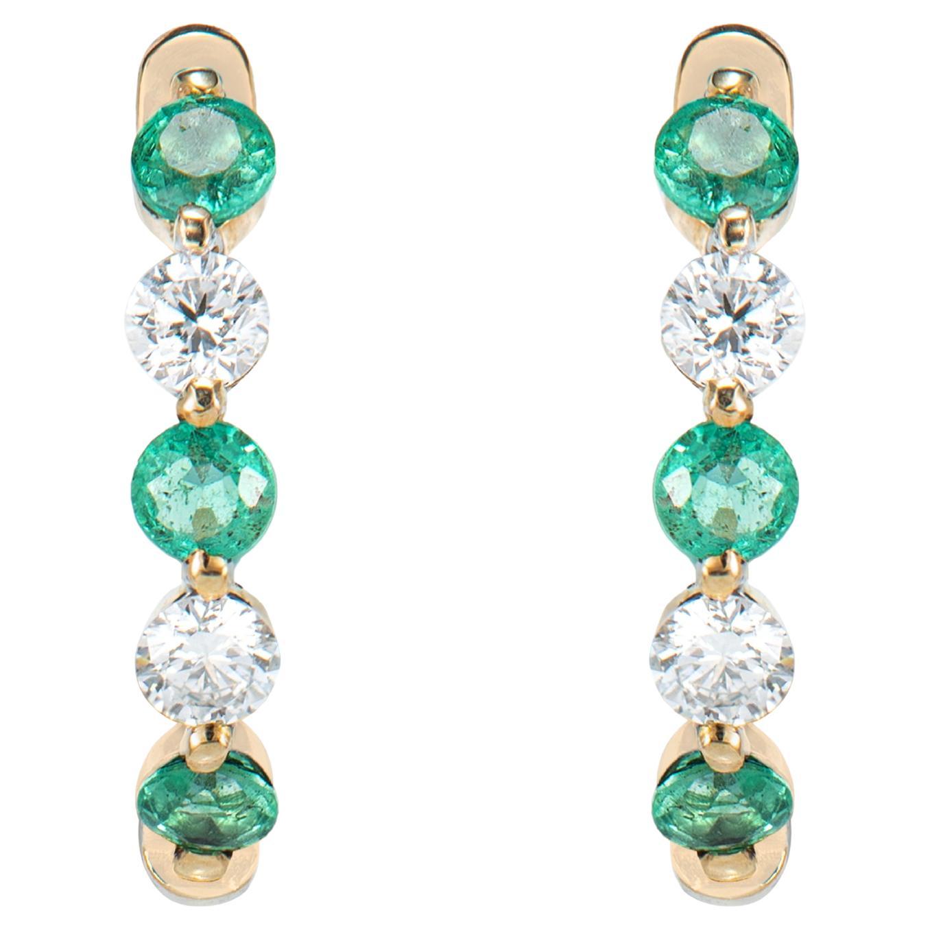 0.502 Carat Emerald Hoop Earrings in 14 Karat Yellow Gold with White Diamond For Sale
