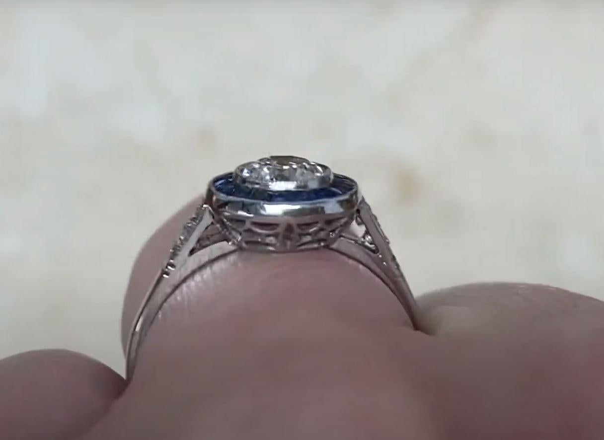 0.50ct Antique Old European Cut Diamond Engagement Ring, Sapphire Halo, Platinum For Sale 5