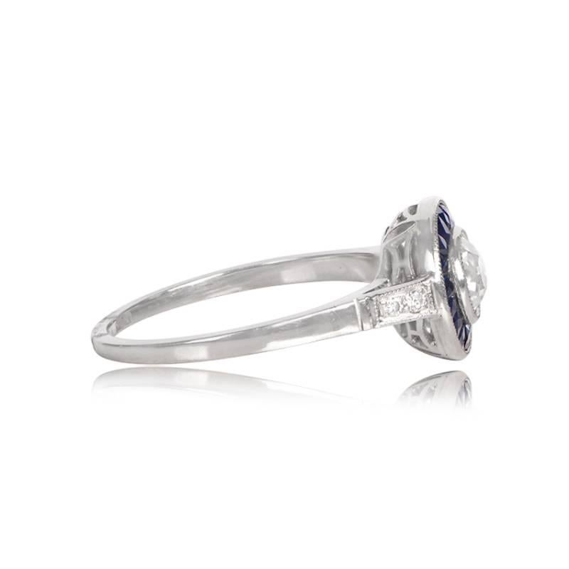 Art Deco 0.50ct Antique Old European Cut Diamond Engagement Ring, Sapphire Halo, Platinum For Sale