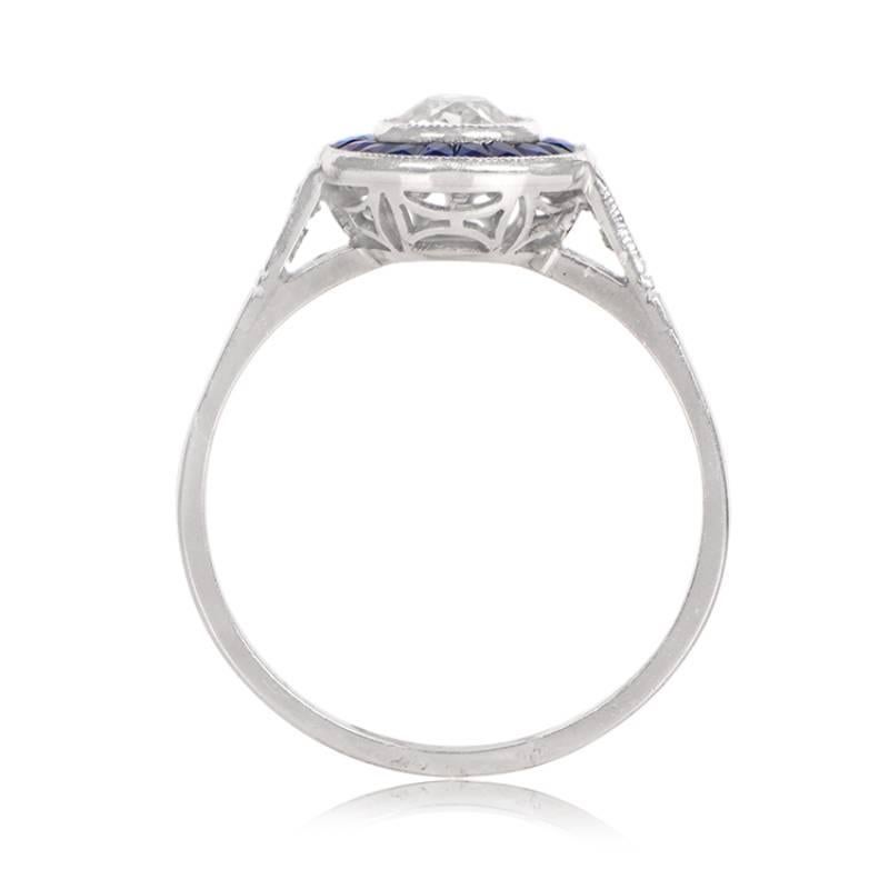0.50ct Antique Old European Cut Diamond Engagement Ring, Sapphire Halo, Platinum For Sale 1
