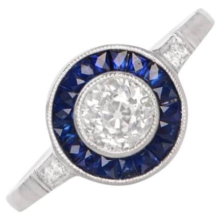 0.50ct Antique Old European Cut Diamond Engagement Ring, Sapphire Halo, Platinum