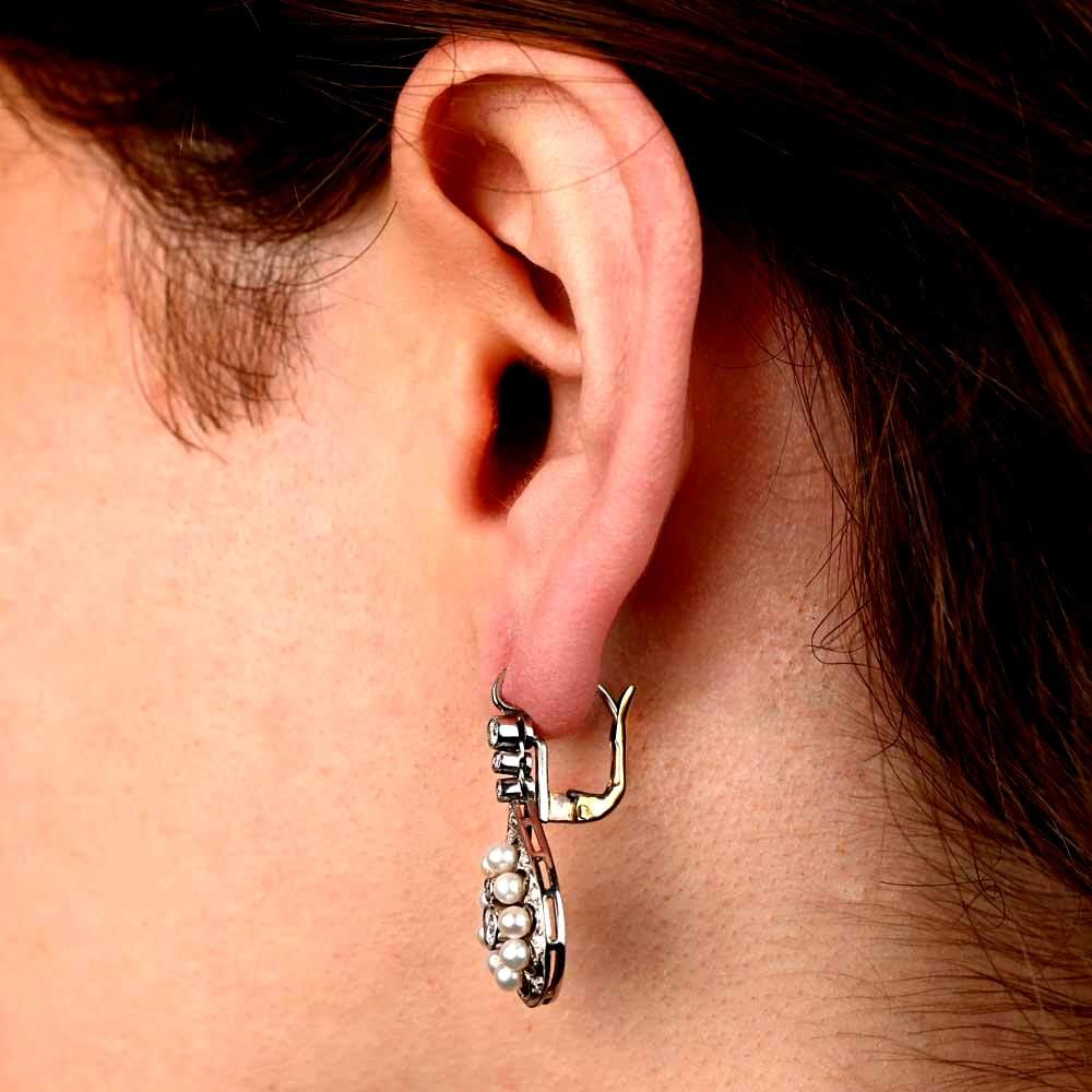 Art Deco 0.50 Carat Brilliant Cut Diamond Earrings, Pearl Halo, Platinum For Sale