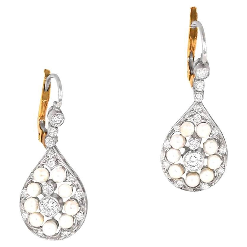 0.50 Carat Brilliant Cut Diamond Earrings, Pearl Halo, Platinum