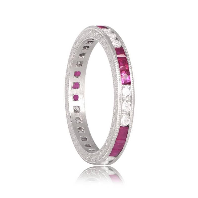 Art Deco 0.50ct Diamond & 0.80ct Natural Ruby Band Ring, Platinum For Sale