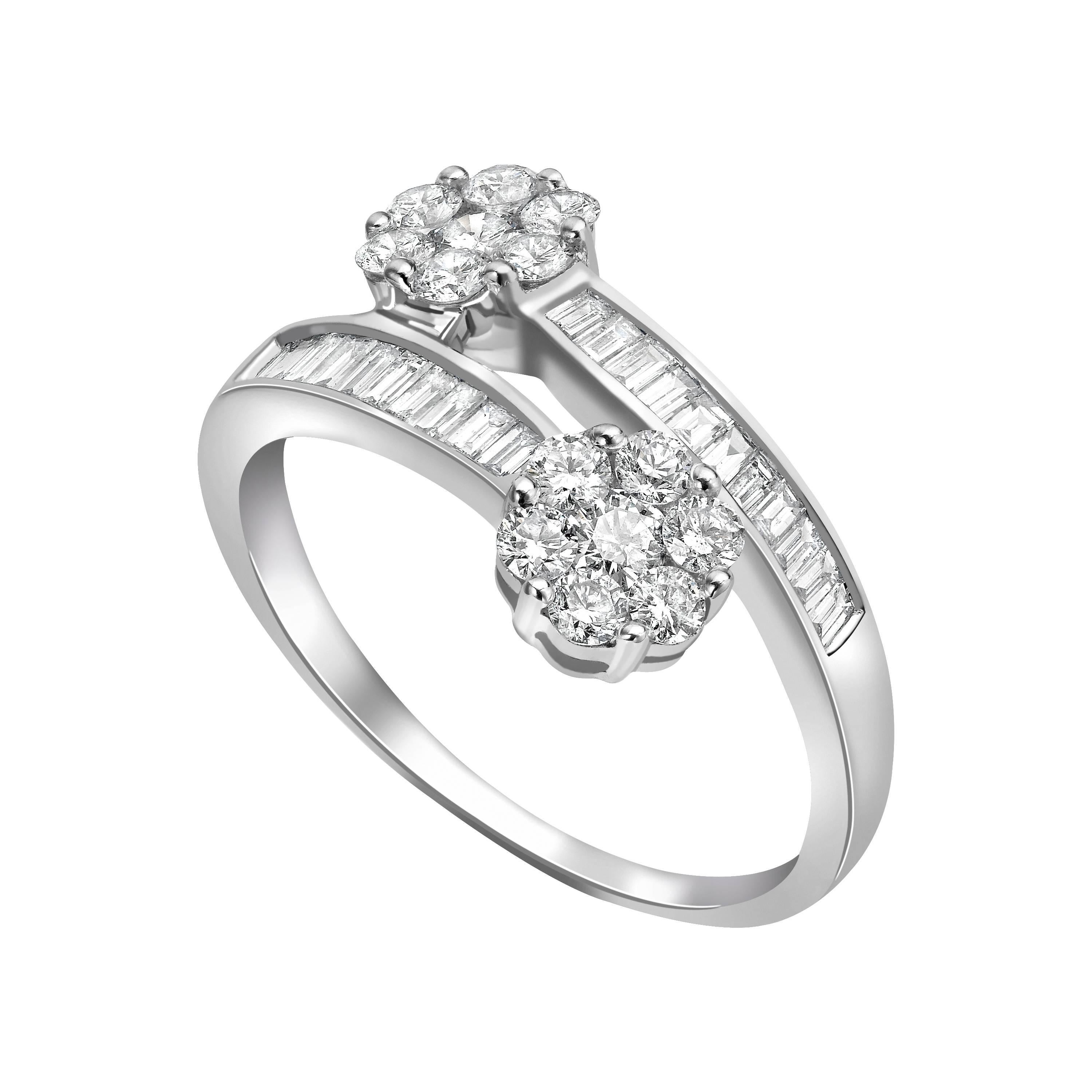 0.50 Carat Diamond Twist Baguettes Cluster 18 Karat White Gold Engagement Ring