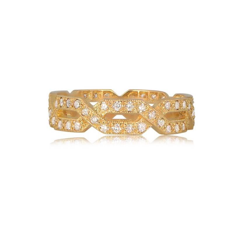 Capture timeless beauty with this 18k yellow gold Art Deco style wedding band. Adorned with an infinity link design, the band boasts approximately 0.50 carats of diamonds, exhibiting G-H color and VS1-VS2 clarity overall. The band's width measures a