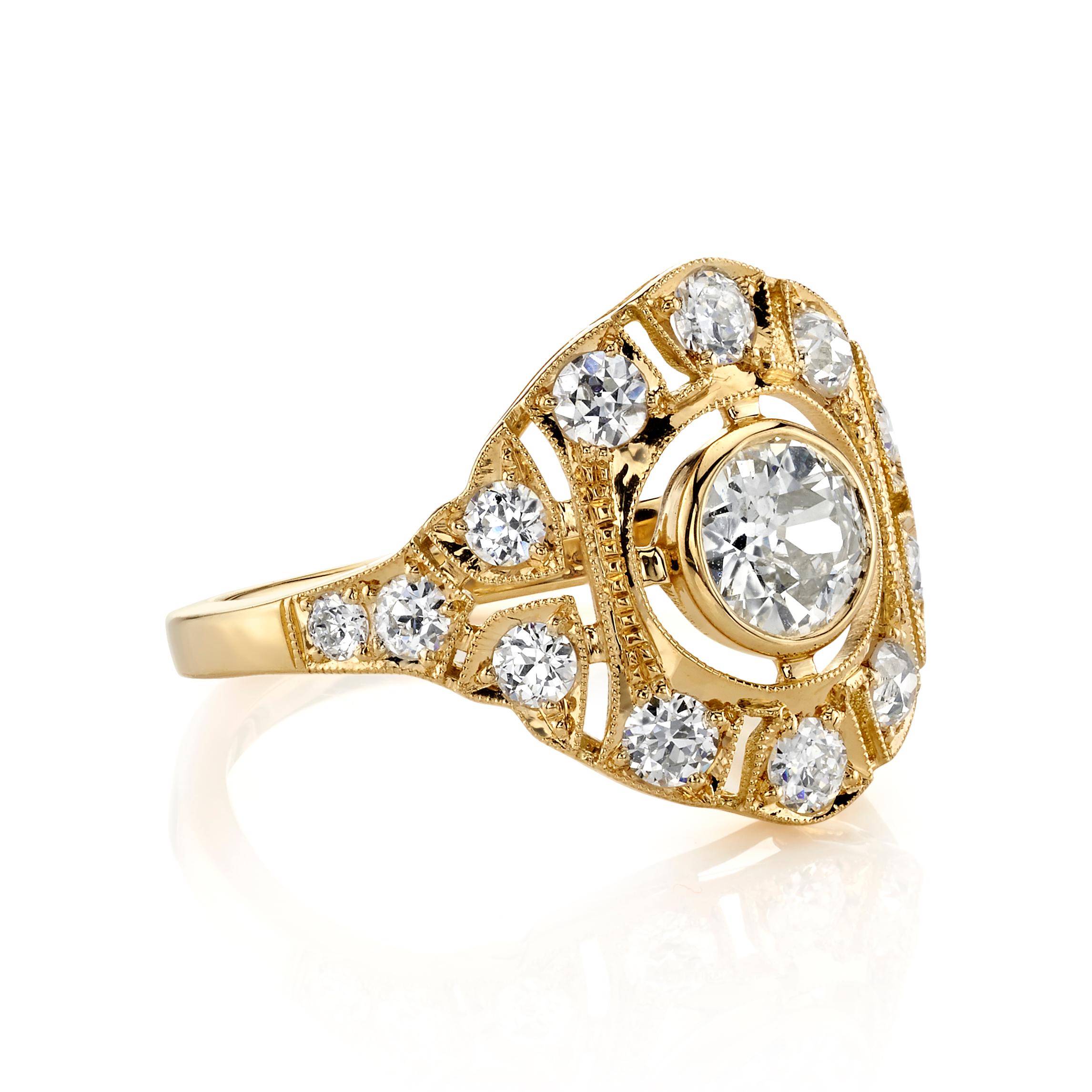 0.50ct I/VS2 EGL certified old European cut diamond with 0.75ctw diamond accents set in a handcrafted 18K yellow gold mounting. Ring is currently a size 6 and can be sized to fit.