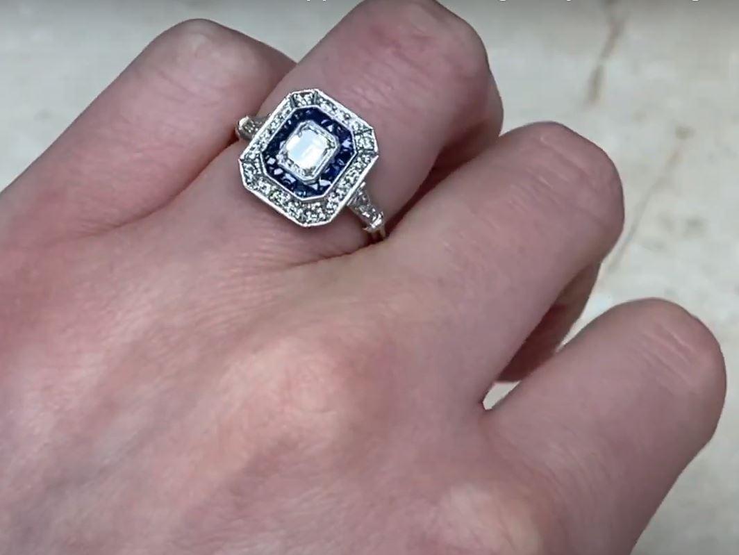 0.50ct Emerald Cut Diamond Engagement Ring, Sapphire & Diamond Halo, Platinum 5