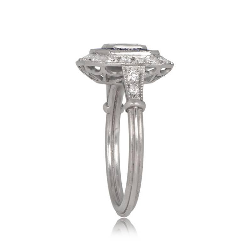 Art Deco 0.50ct Emerald Cut Diamond Engagement Ring, Sapphire & Diamond Halo, Platinum