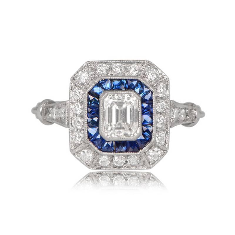 0.50ct Emerald Cut Diamond Engagement Ring, Sapphire & Diamond Halo, Platinum In Excellent Condition In New York, NY