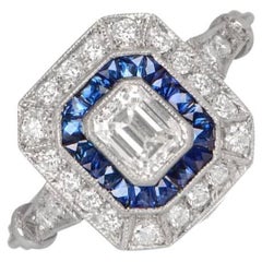 0.50ct Emerald Cut Diamond Engagement Ring, Sapphire & Diamond Halo, Platinum