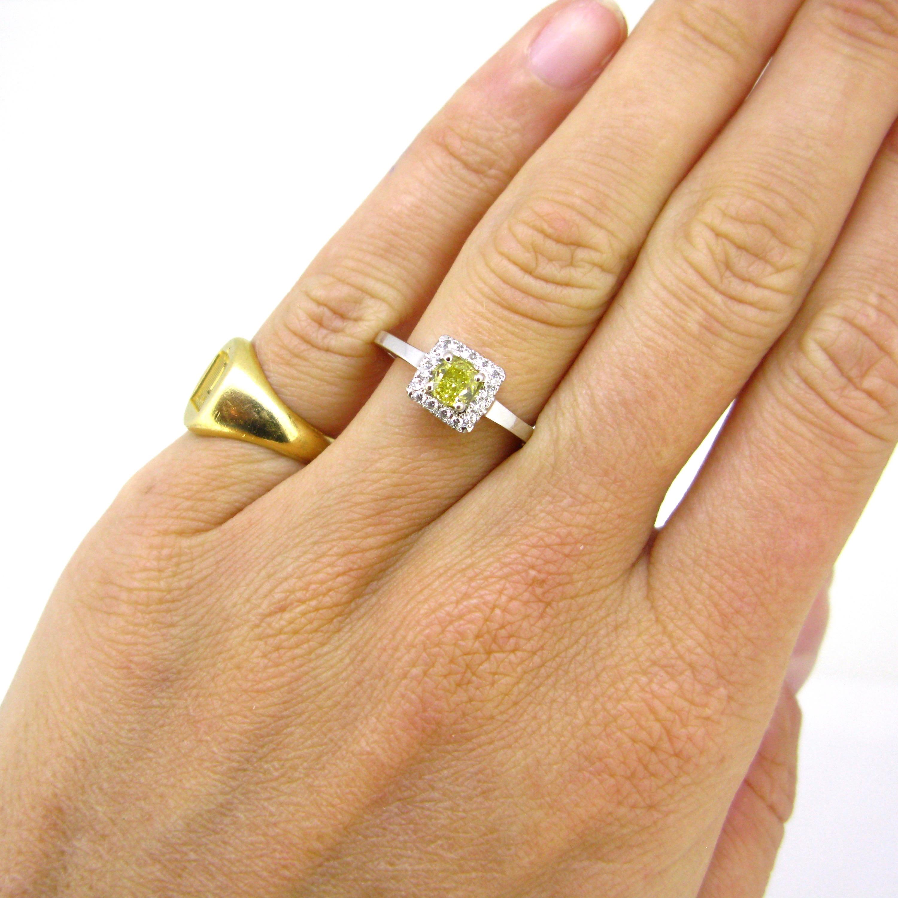 Modern 0.50 Carat Fancy Intense Yellow Diamond Cluster Wedding Engagement Ring For Sale