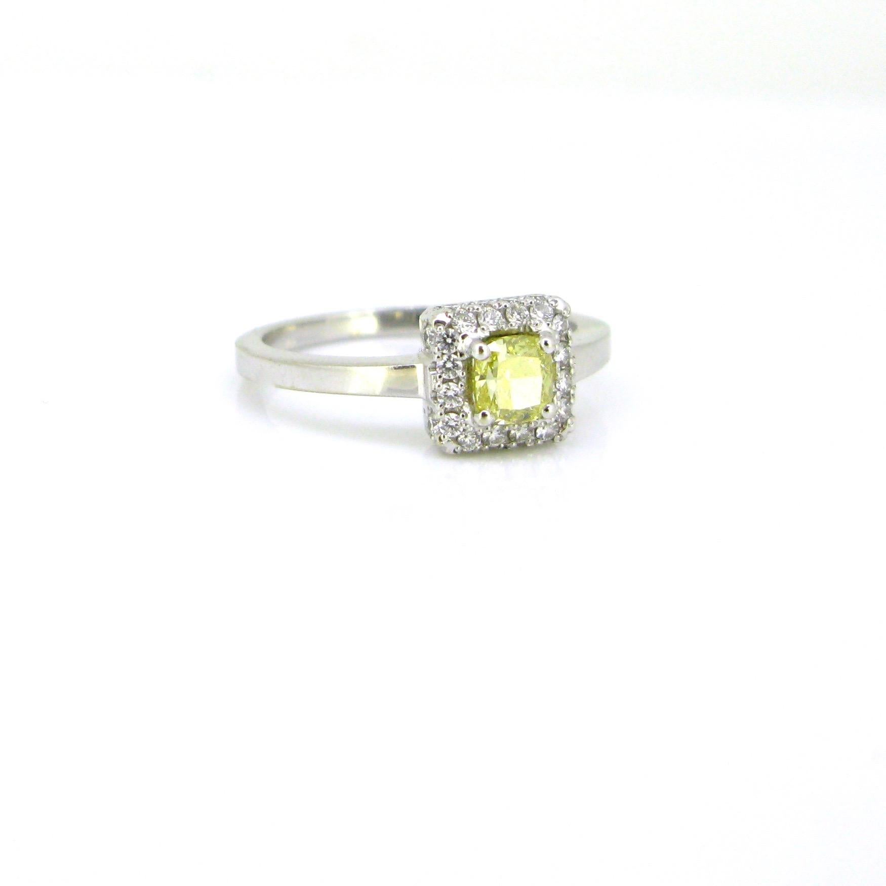 Cushion Cut 0.50 Carat Fancy Intense Yellow Diamond Cluster Wedding Engagement Ring For Sale