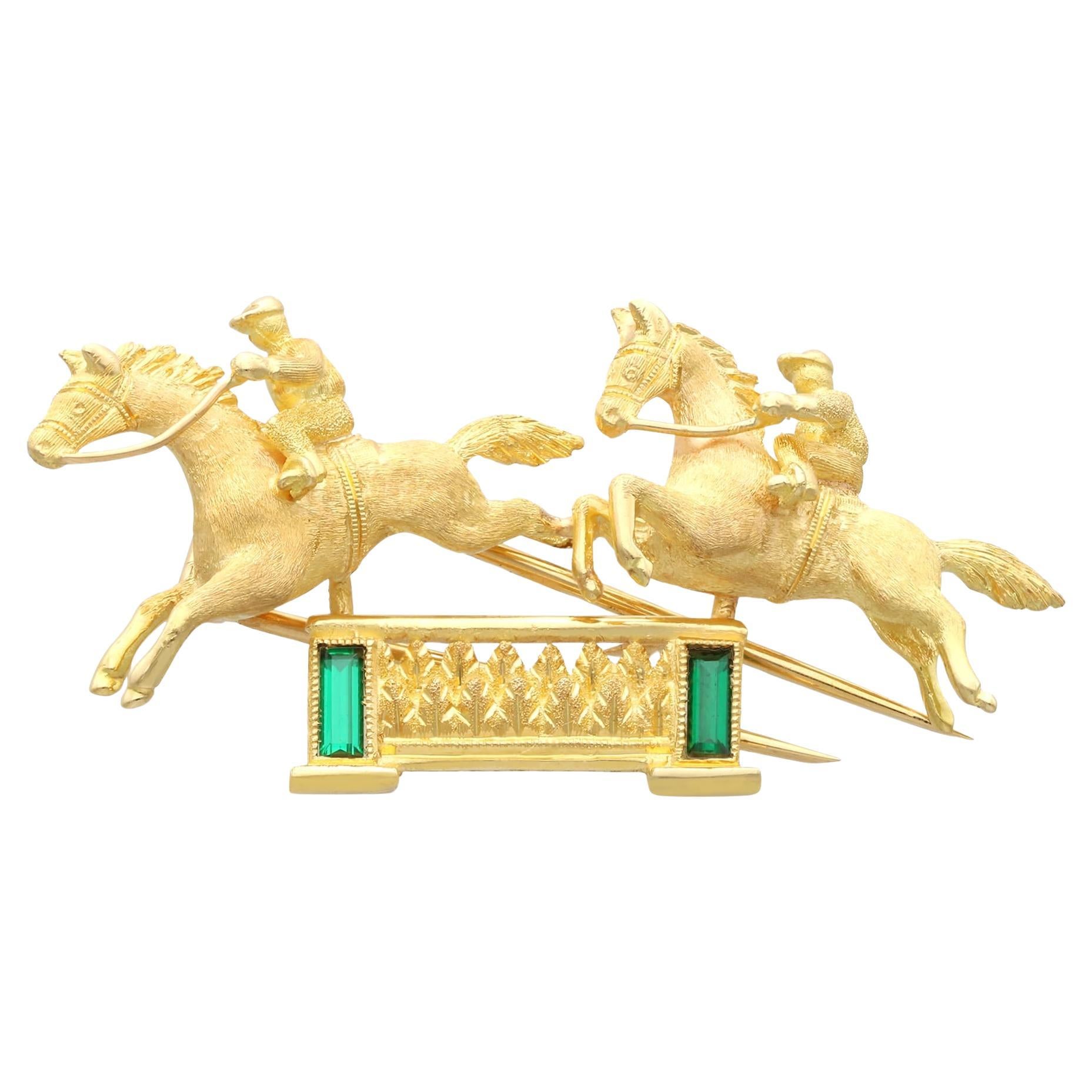Green Tourmaline and 18k Yellow Gold Double Horse and Jockey Brooch For Sale