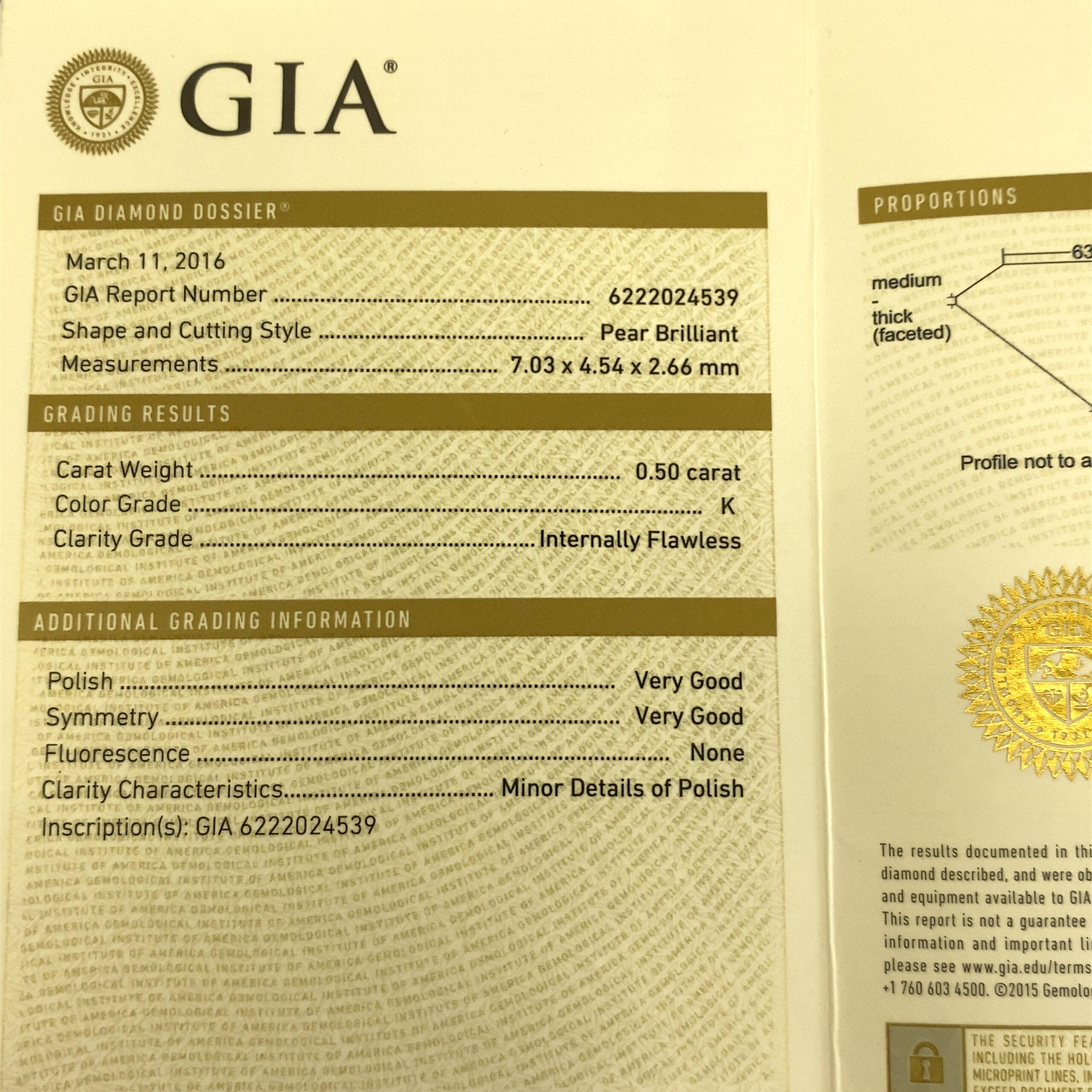 0,50 Karat K/IF Birnenförmiger natürlicher Diamantbesatz aus 18 Karat Weißgold mit GIA-Zertifikat im Angebot 1