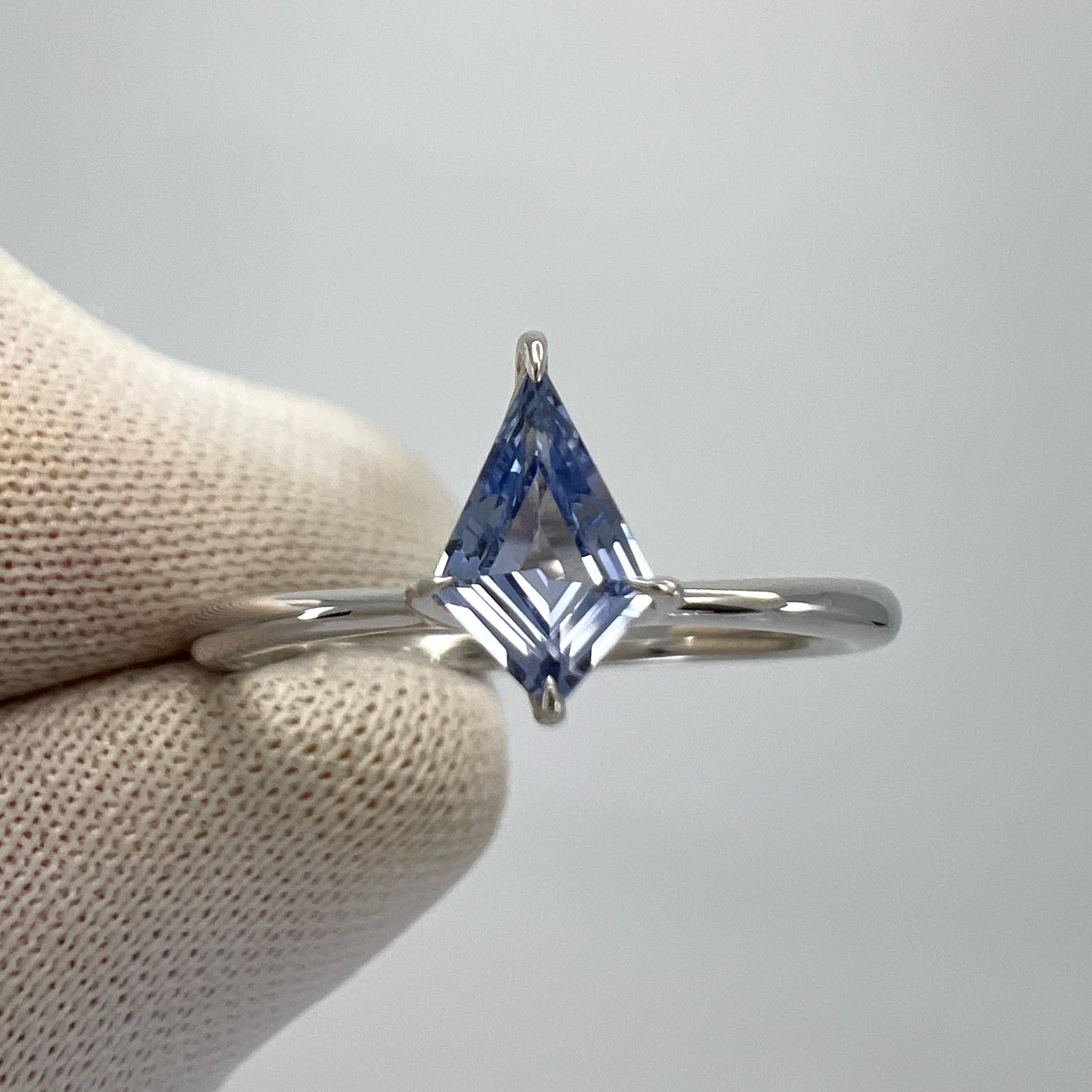 Unique Natural Light Blue Ceylon Sapphire 18k White Gold Fancy Kite Cut Solitaire Ring.

This beautiful ring features a natural Ceylon 0.50ct natural sapphire with a light blue colour and an excellent fancy kite cut.
This fine Sri Lankan sapphire is