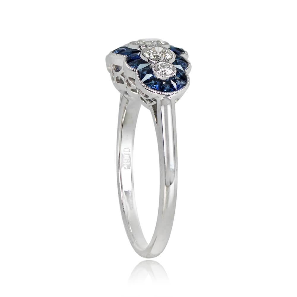 Art Deco 0.50ct Round Brilliant Cut Diamond Engagement Ring, Sapphire Halo, Platinum For Sale