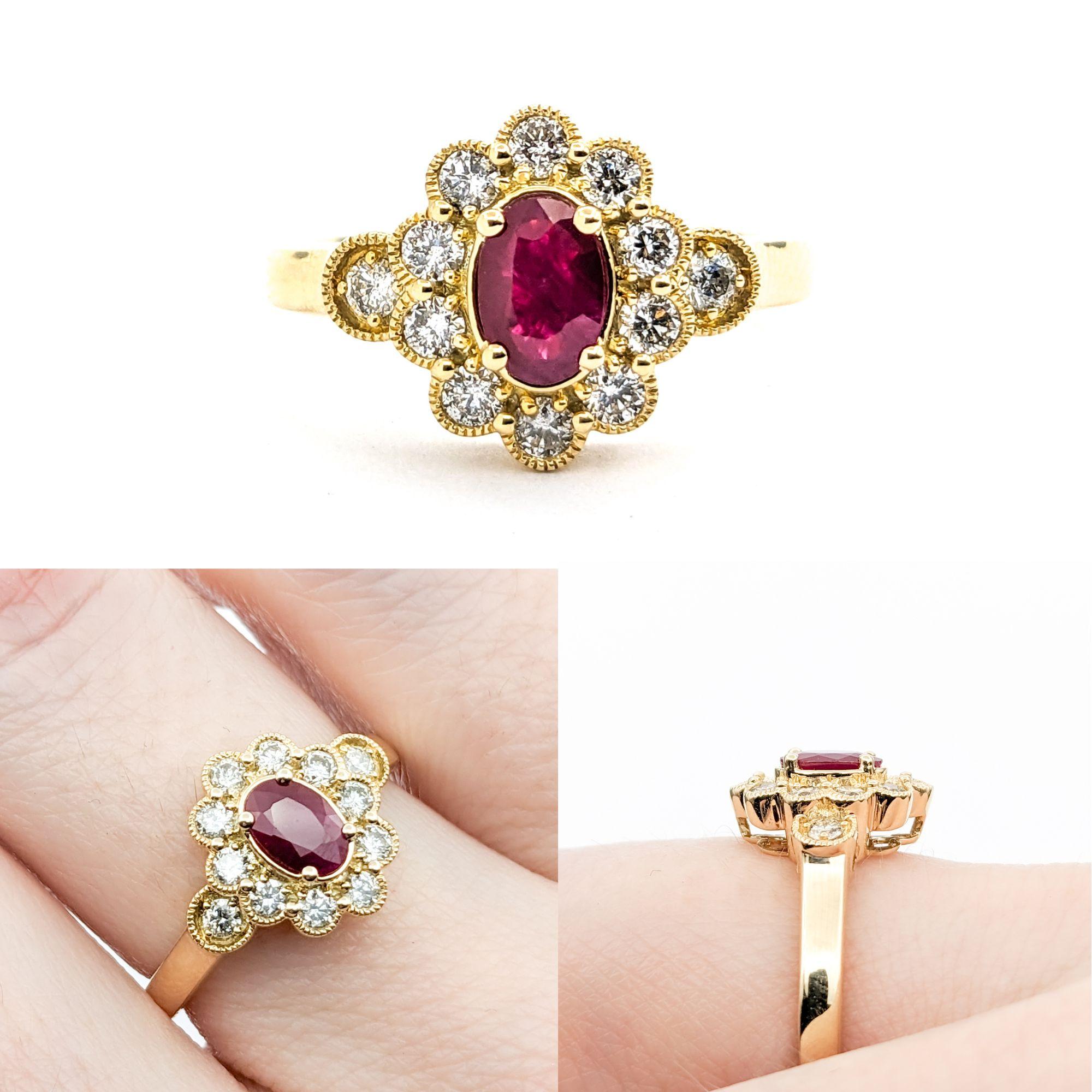 0.50ct Ruby & 0.41ctw Diamond Ring In Yellow Gold

Crafted in lustrous 14kt yellow gold, this elegant ring showcases a captivating 0.50ct ruby centerpiece, encircled by 0.41ctw of round diamonds. The diamonds, with their SI clarity and