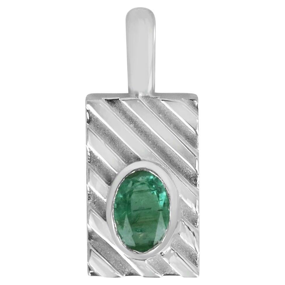 0.50ct SS Unisex Natural Oval Emerald Bezel Solitaire Silver Pendant Necklace For Sale