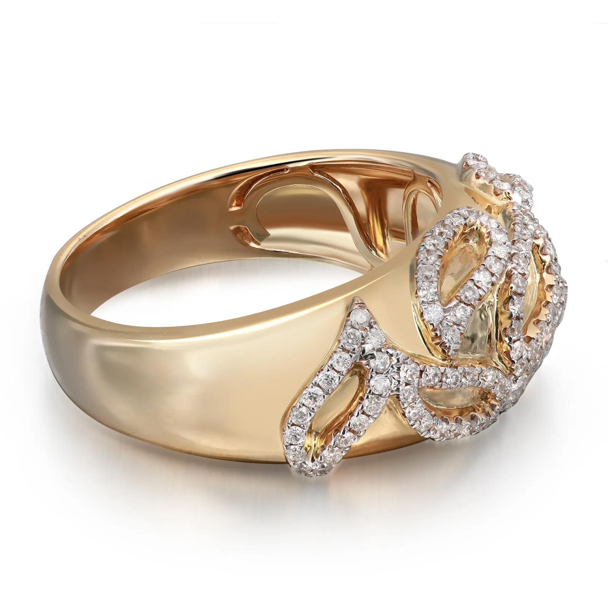 One of a kind diamond band ring rendered in highly polished 14K yellow gold. This ring features a solid yellow gold band with prong set sparkling round brilliant cut diamonds encrusted in leaf formations totaling 0.50 carat. Diamond quality: I color
