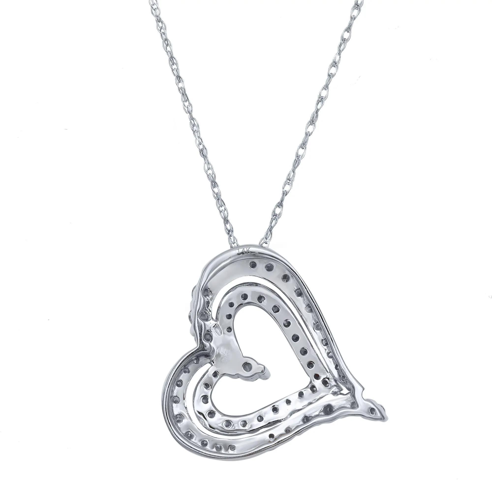 This stunning natural diamond heart pendant showcases prong set white sparkling round cut diamonds in a double heart-shaped cut out design. Crafted in 14K white gold. Total diamond weight: 0.50 carat. Each diamond is of VS-SI clarity and H-I color.