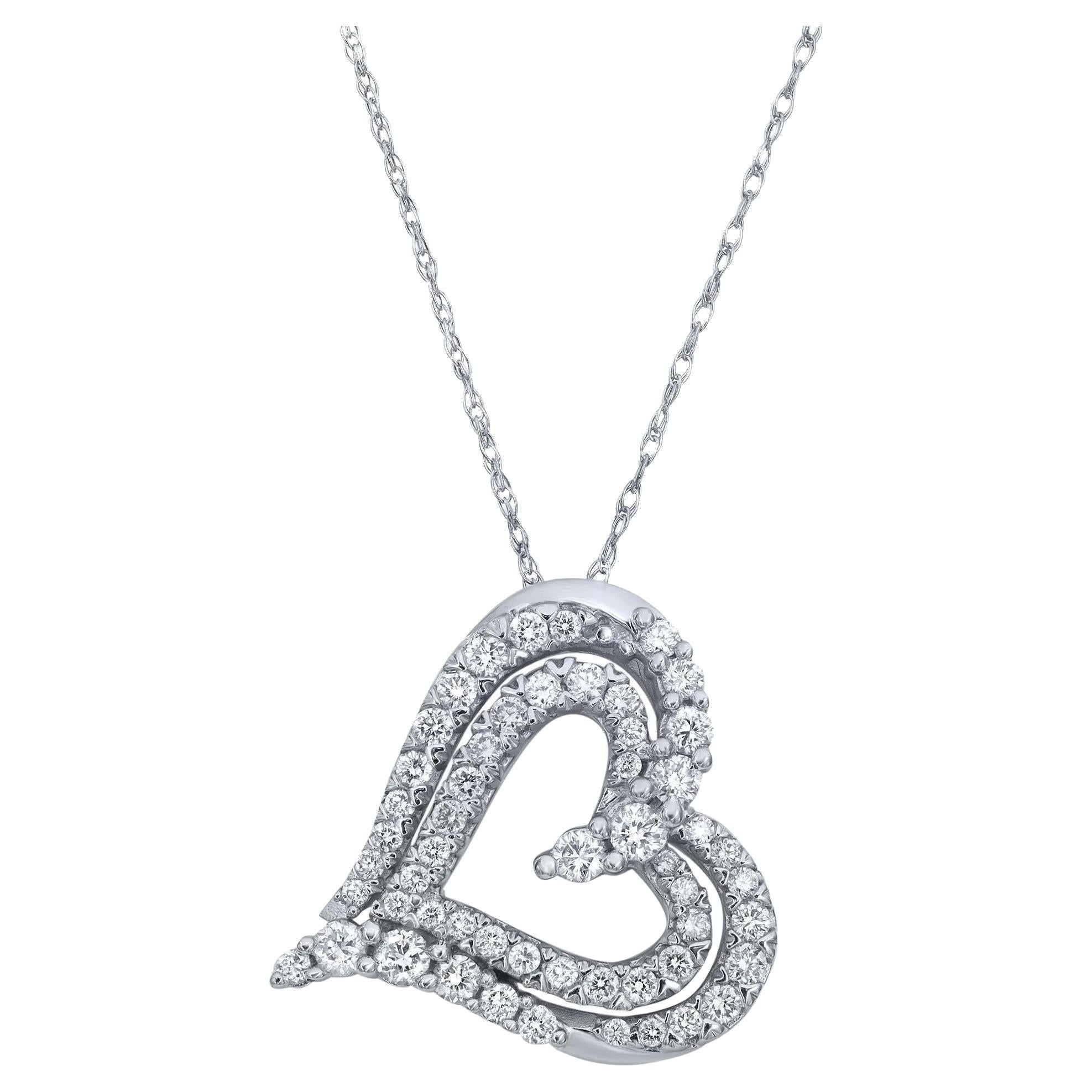 0.50cttw Prong Set Round Cut Diamond Heart Pendant Necklace 14k White Gold For Sale