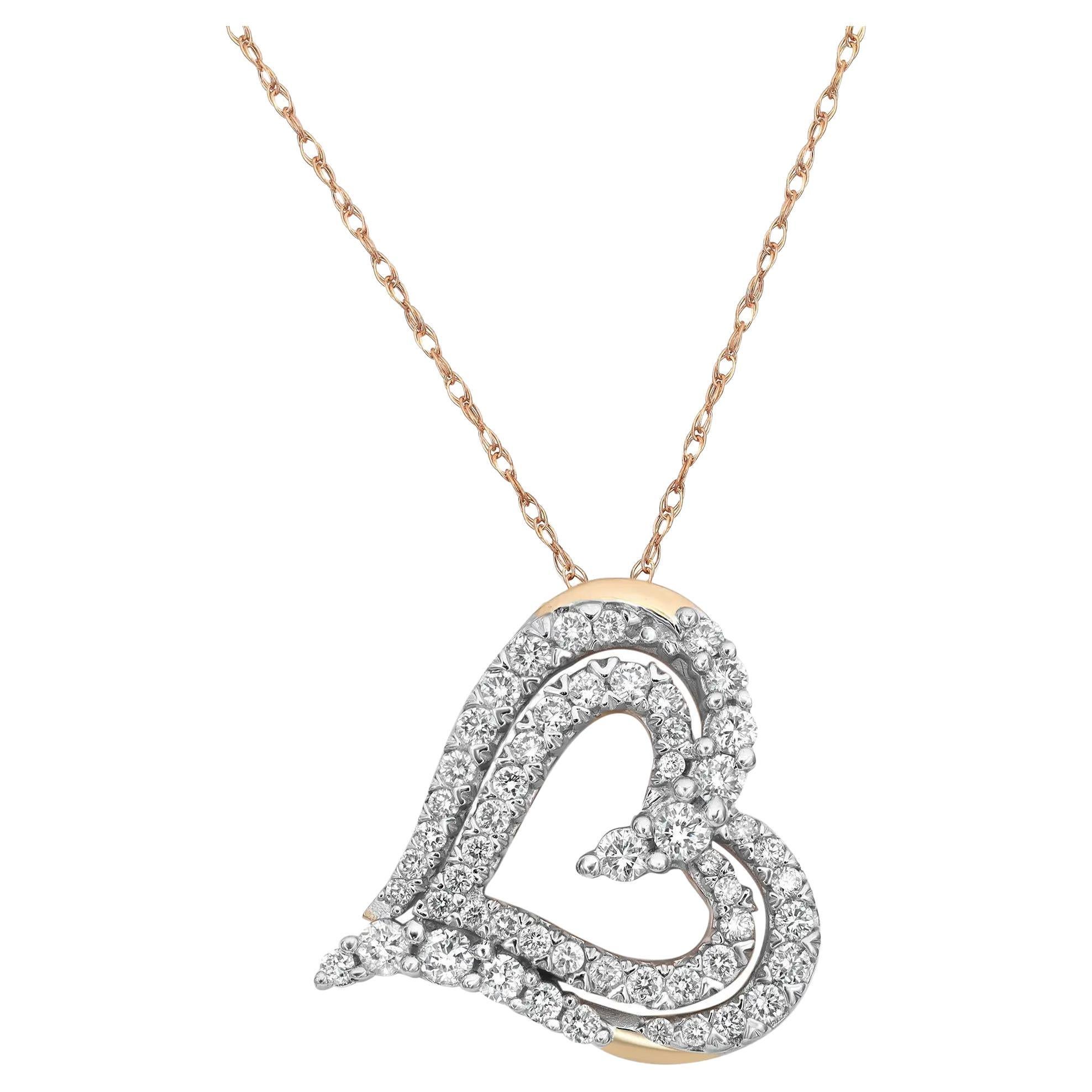 0.50cttw Prong Set Round Cut Diamond Heart Pendant Necklace 14k Yellow Gold For Sale