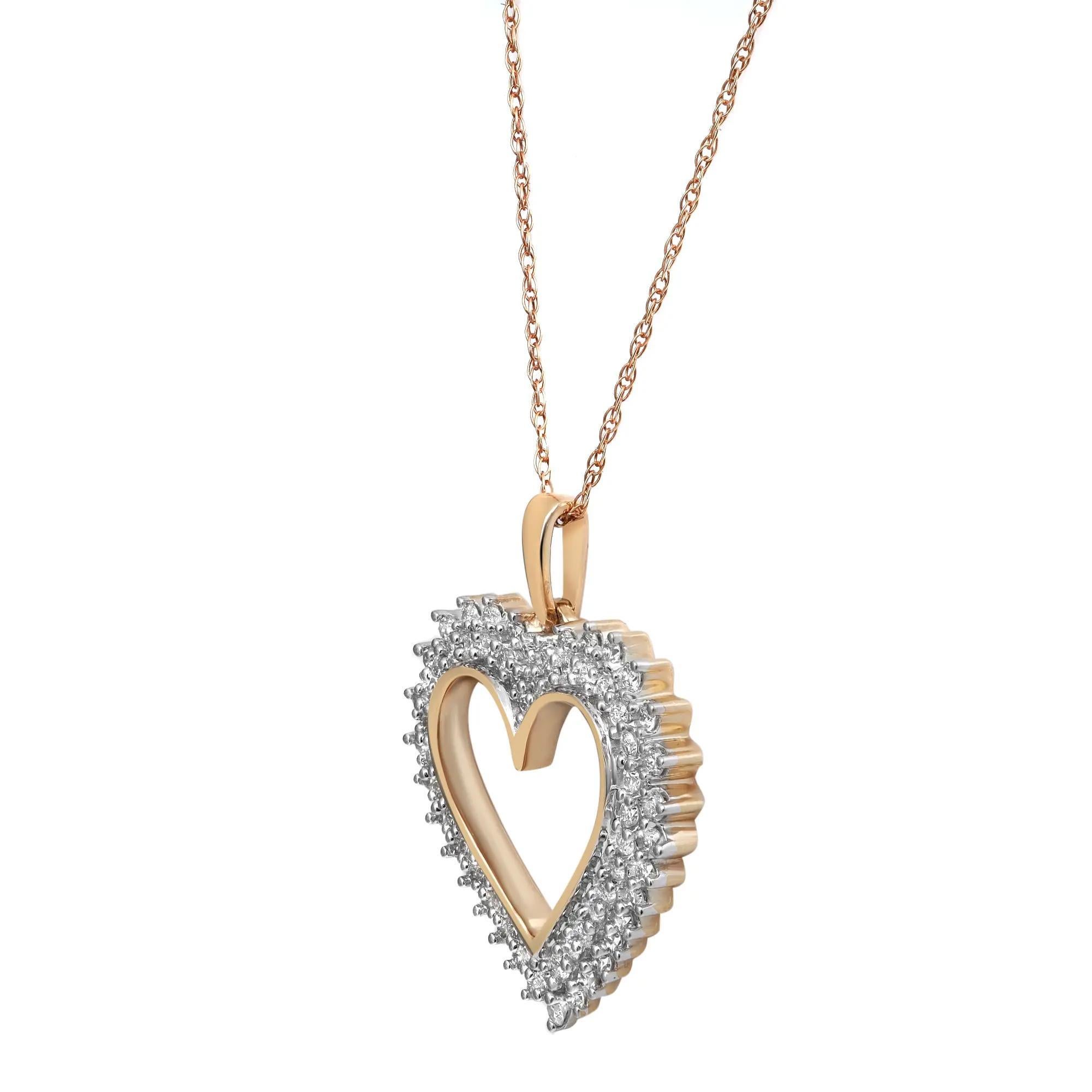 This diamond heart pendant features round brilliant cut diamonds encrusted in prong setting in an open heart design. Crafted in 14K yellow gold. Come with 18 inches rope chain. Total diamond weight: 0.50 carat. Diamond color H-I and VS-SI clarity.