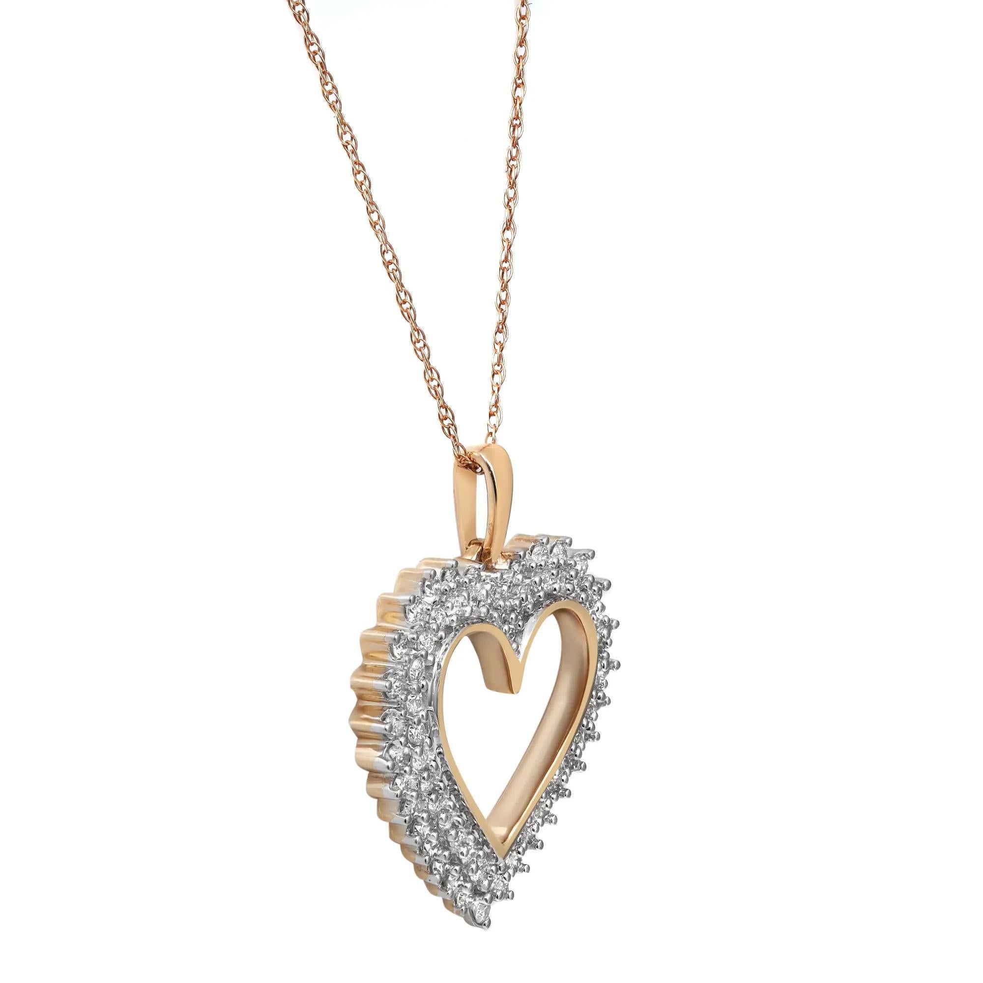 Modern 0.50cttw Prong Set Round Cut Diamond Open Heart Pendant Necklace 14k Yellow Gold For Sale