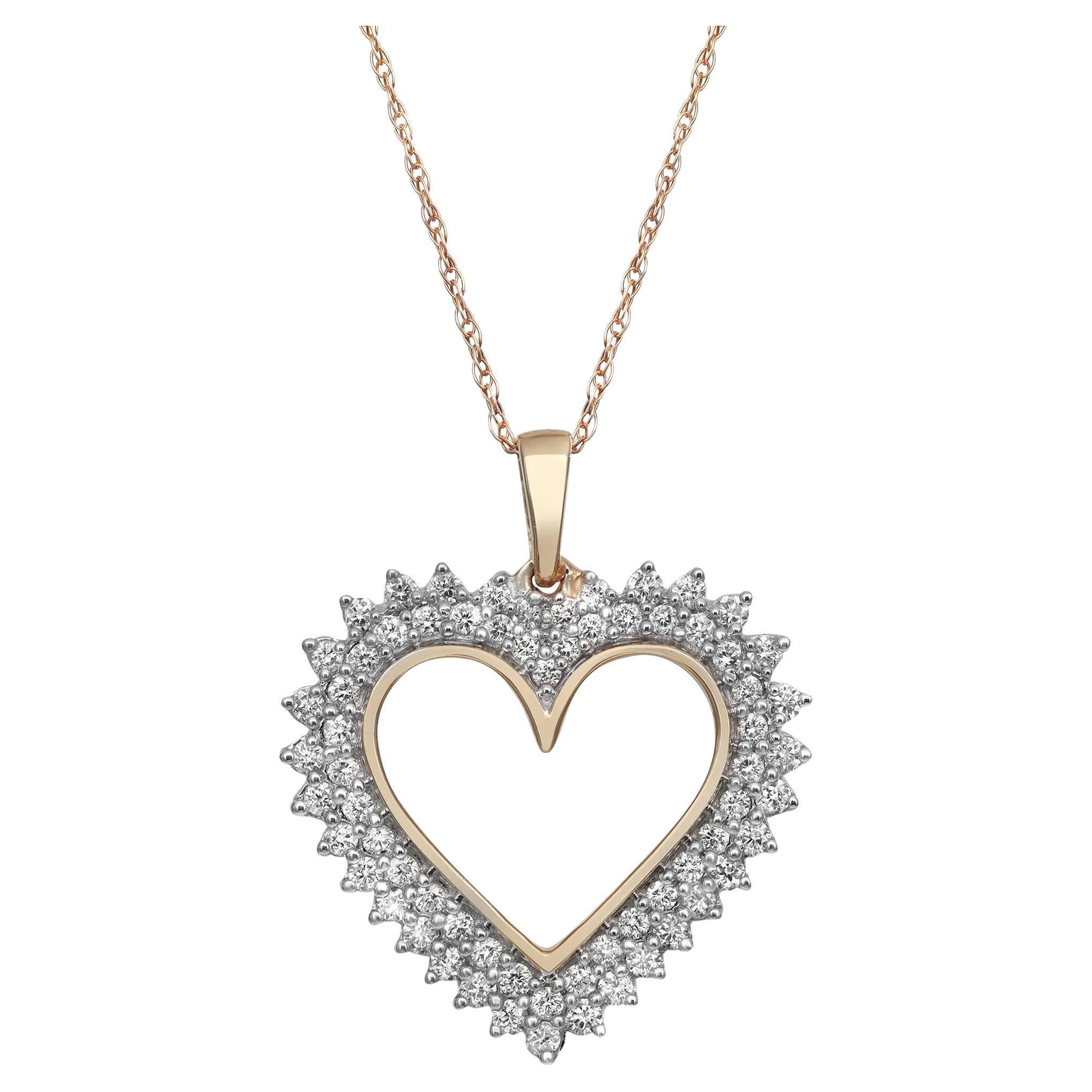 Collier pendentif cœur ouvert en or jaune 14 carats avec diamants taille ronde sertis à la broche de 0,50 carat