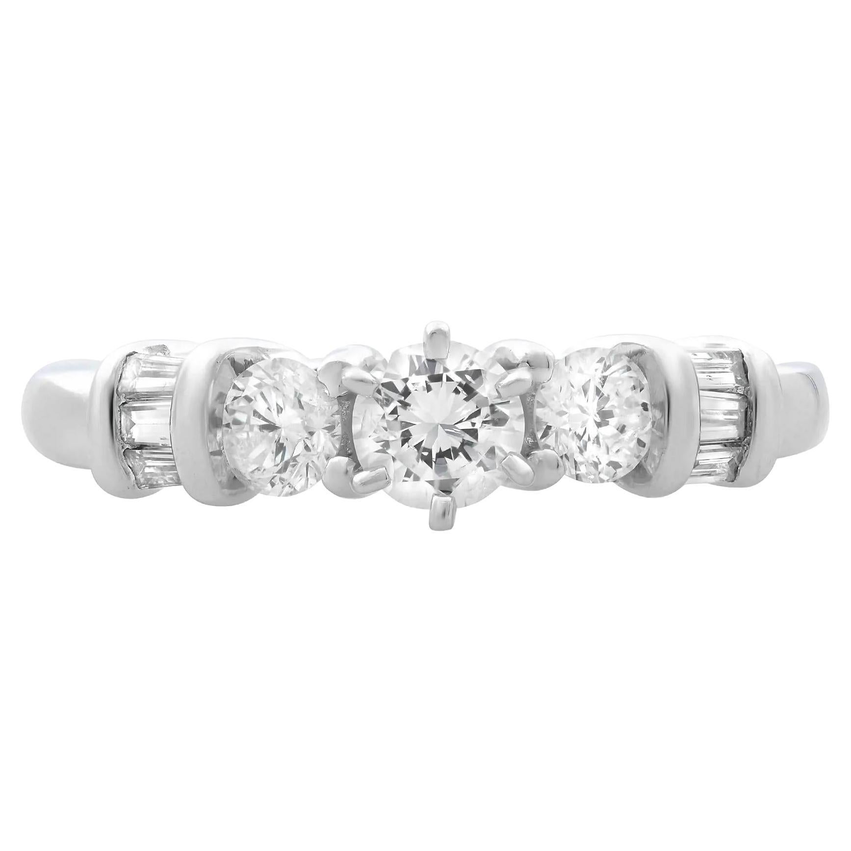 0.50Cttw Round & Baguette Cut Diamond Engagement Ring 14K White Gold Size 7
