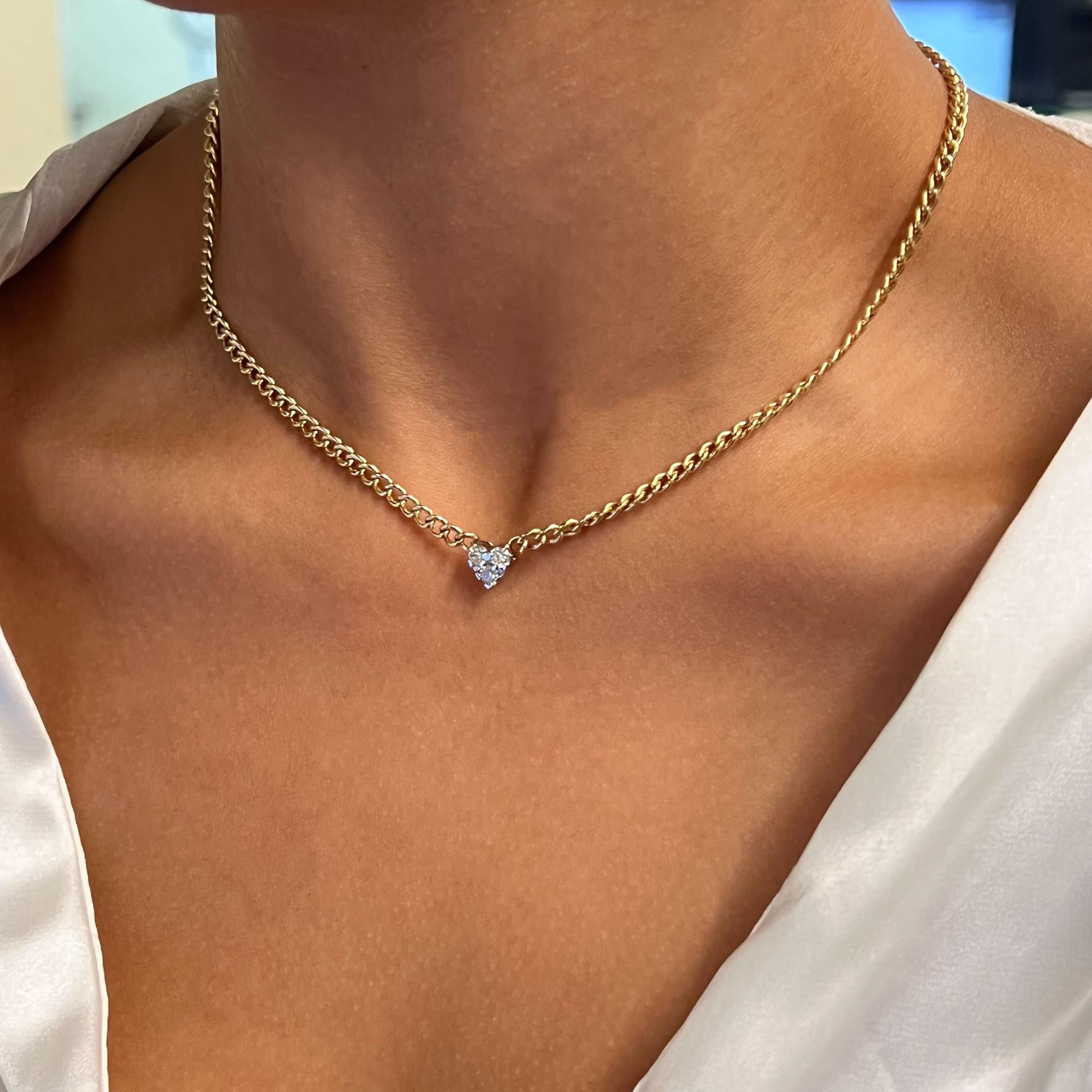Women's 0.50Cttw Round Cut Diamond Heart Pendant Cuban Chain Necklace 14K Yellow Gold For Sale