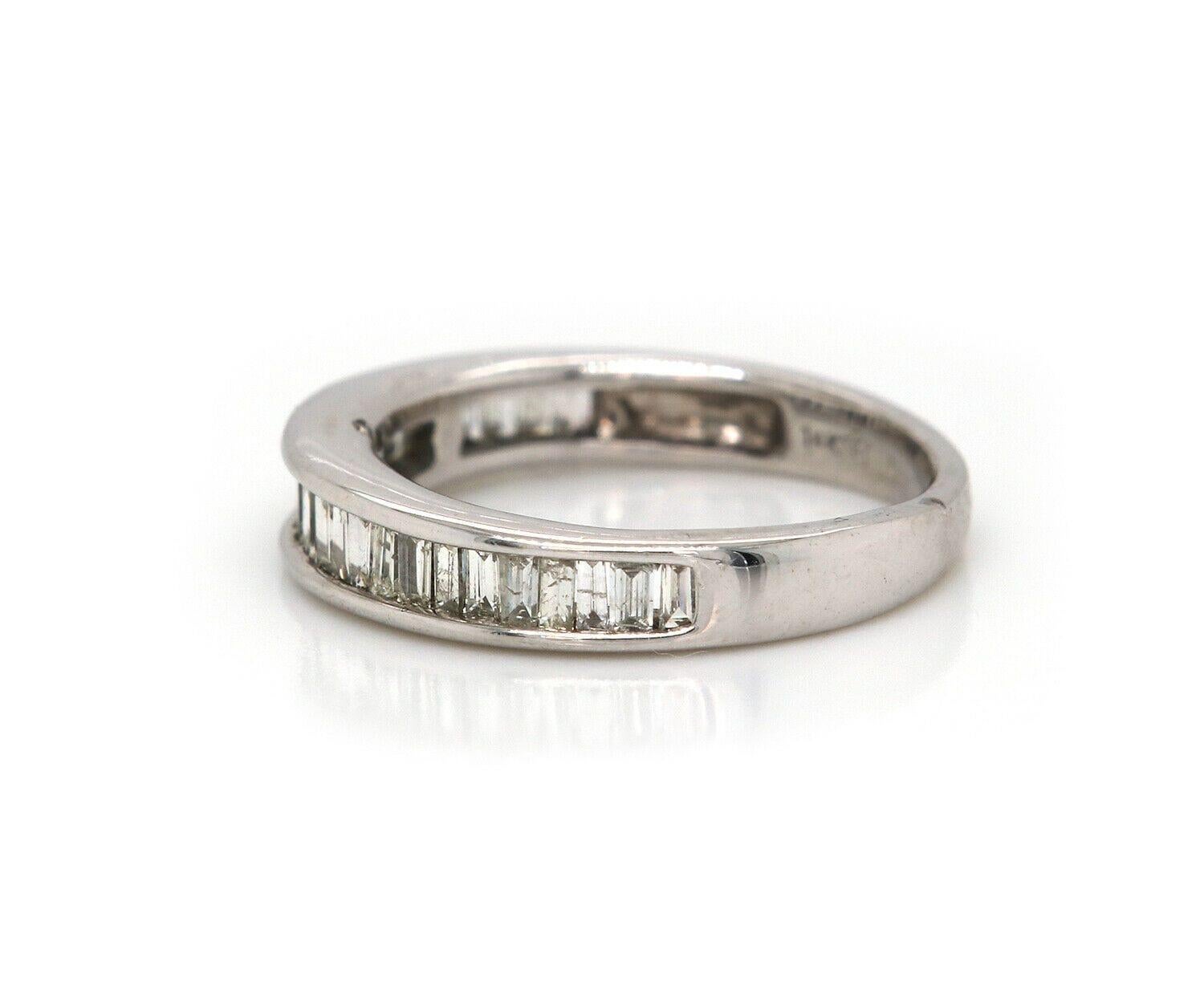 0.50ctw Baguette Diamond Wedding Band Ring in 14K

Baguette Diamond Wedding Band Ring
14K White Gold
Diamonds Carat Weight: Approx. 0.50ctw
Band Width: Approx. 2.4 – 4.2 MM
Ring Size: 5.0 (US)
Weight: Approx. 8.80 Grams
Stamped: