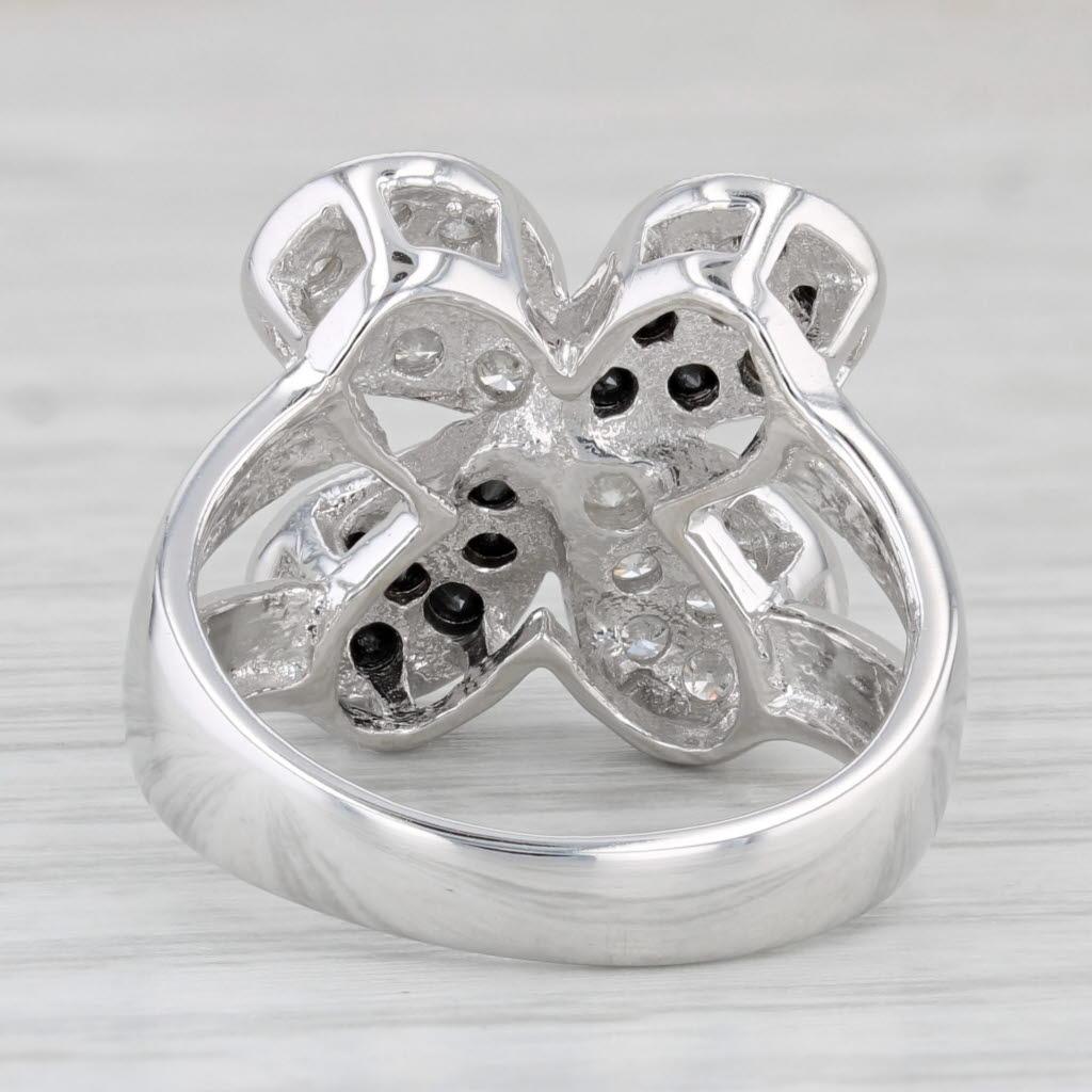 Round Cut 0.50ctw Black White Pave Diamond Flower Ring 14k White Gold Size 7 Cocktail For Sale