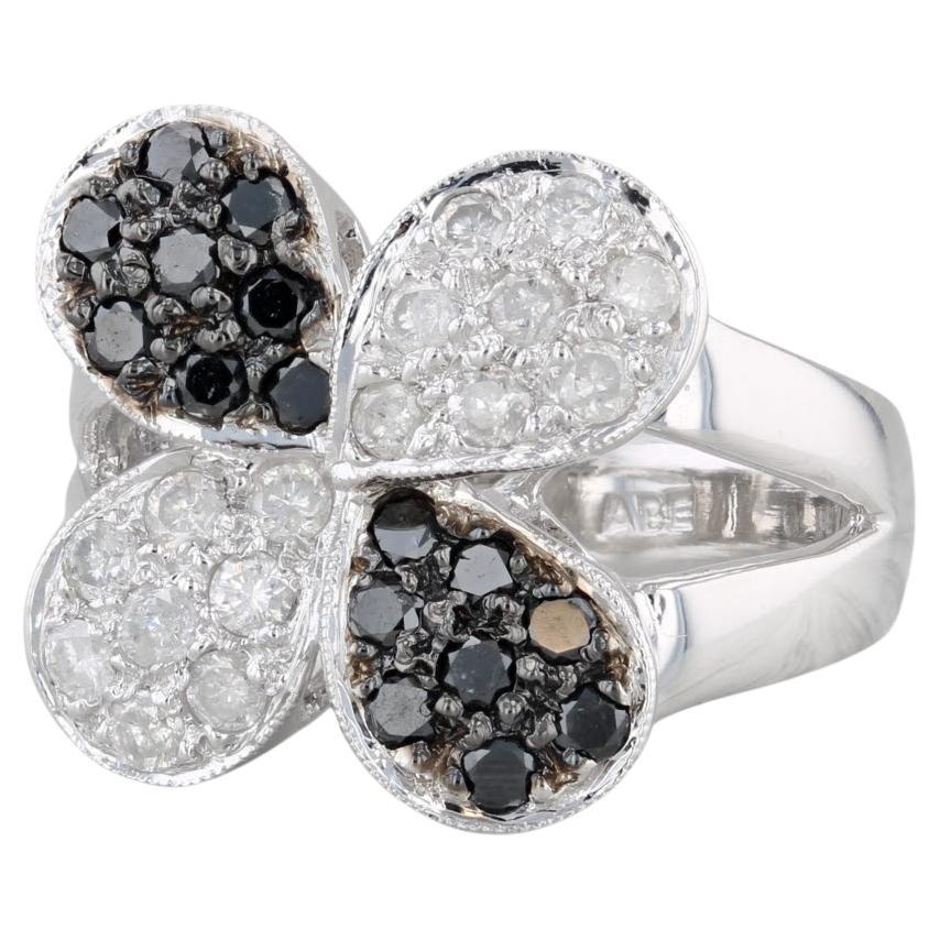 0.50ctw Black White Pave Diamond Flower Ring 14k White Gold Size 7 Cocktail For Sale
