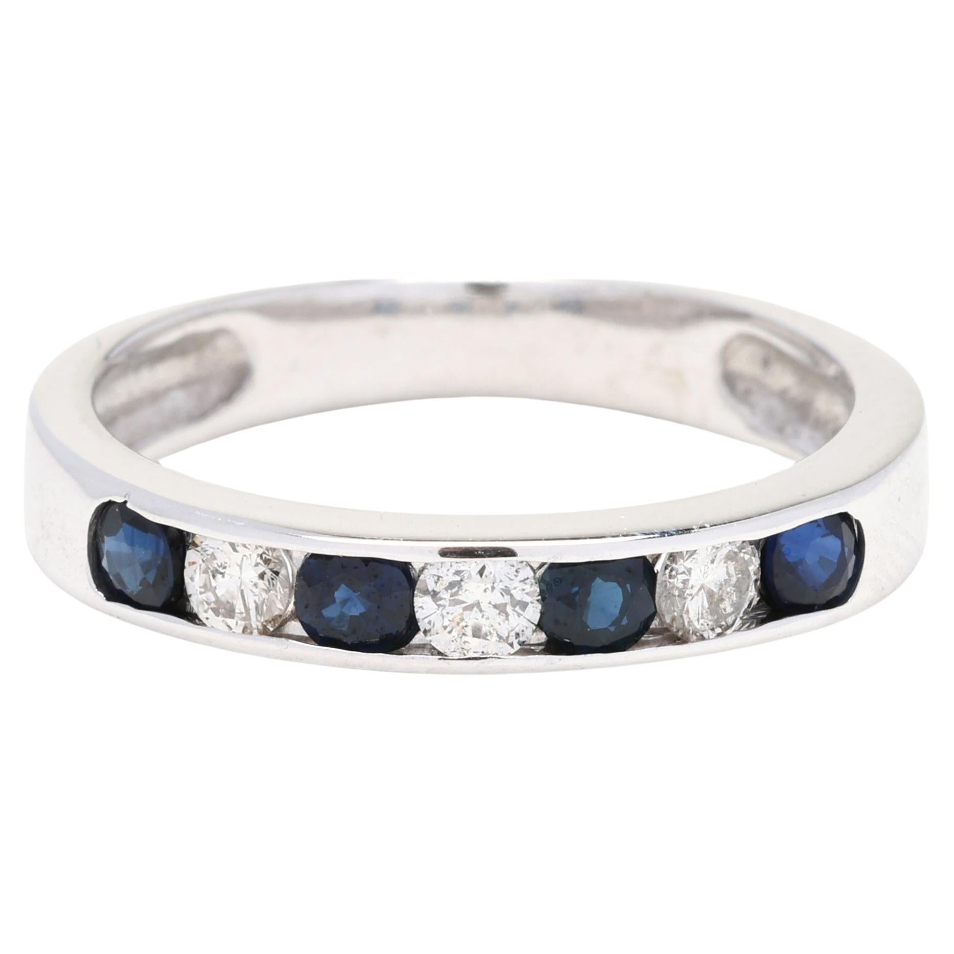 0.50ctw Diamond and Sapphire Band Ring, 14K White Gold, Ring Size 5, Stackable For Sale