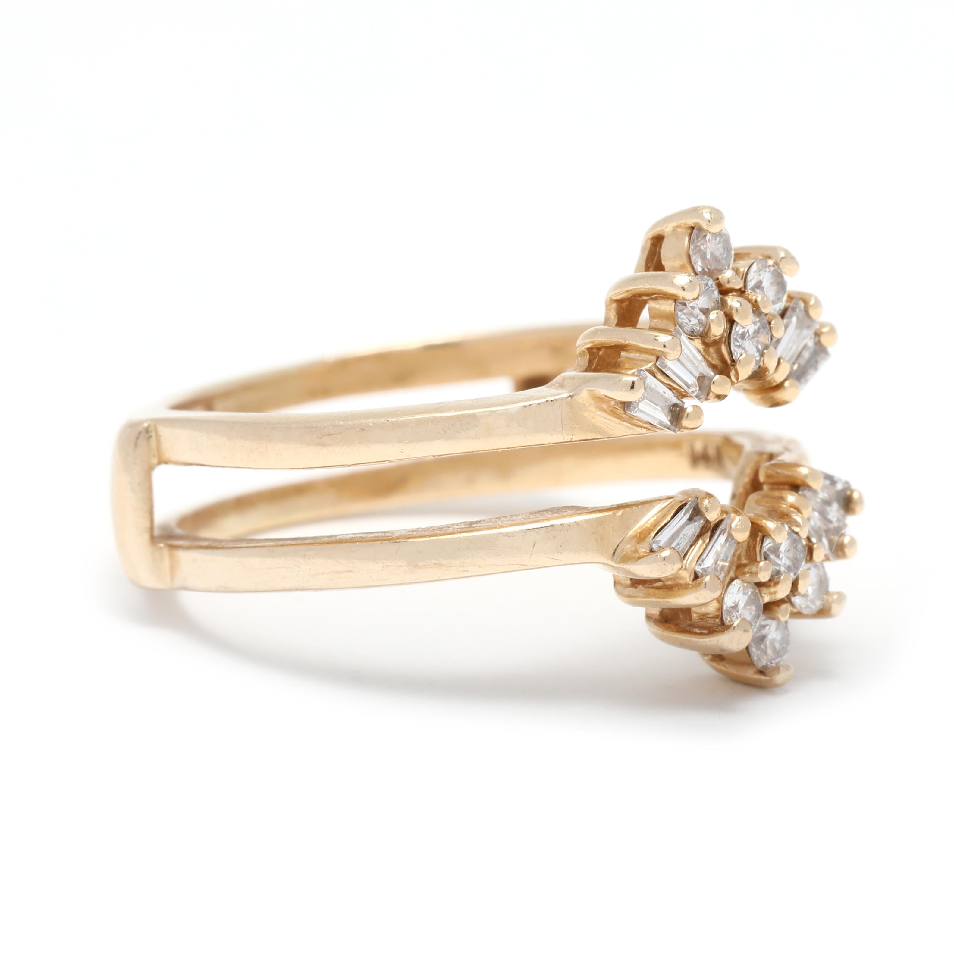This stunning 0.50ctw diamond cluster wedding ring jacket is the perfect accessory to add a little sparkle to your ring stack. Crafted in 14K yellow gold, this diamond wrap ring features a dazzling array of round brilliant cut diamonds set in a