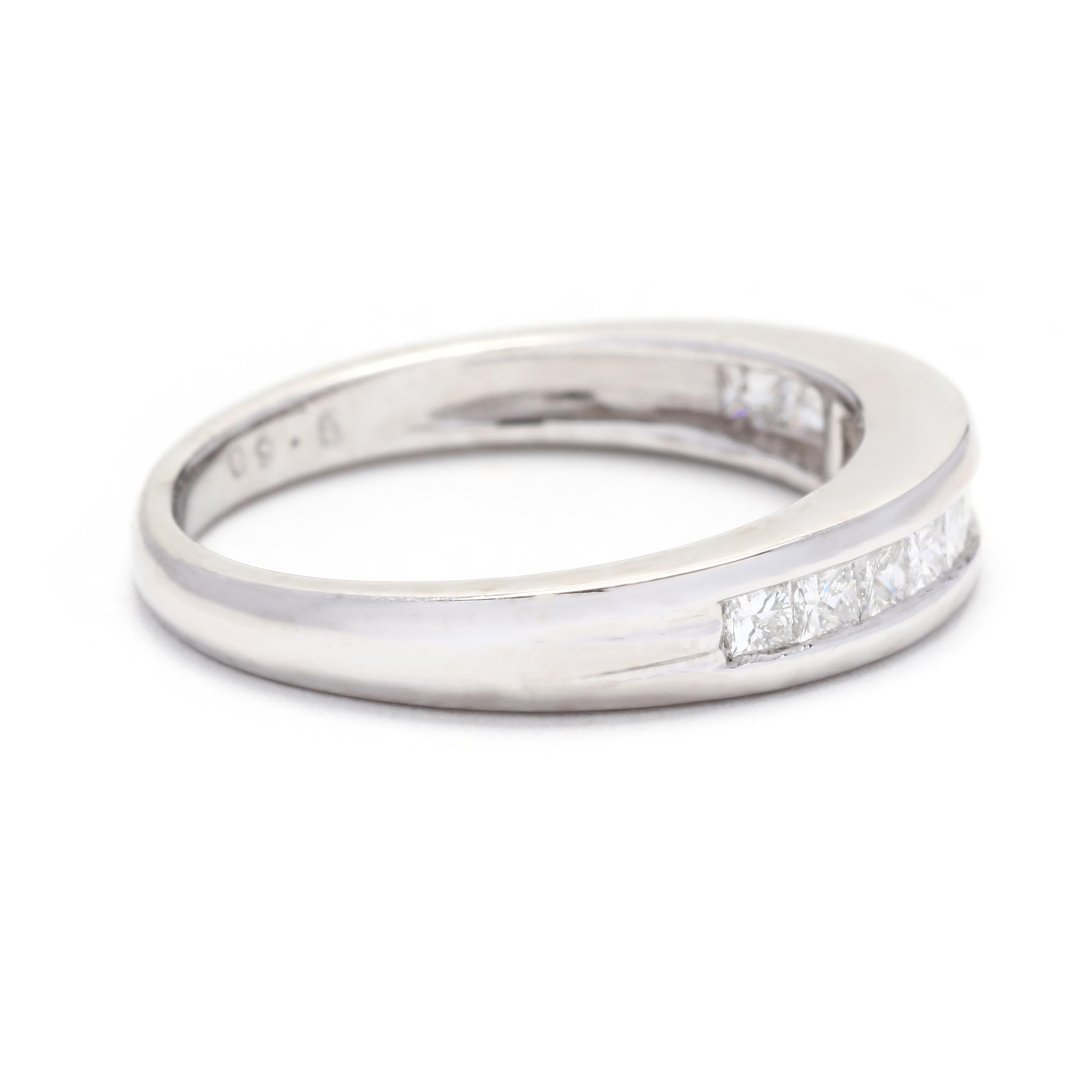 This vintage-inspired diamond wedding band is a timeless piece. It features a 0.50ctw princess-cut diamond, set in a channel setting. The band is made from platinum, which gives it a luxurious and durable finish. The ring size is 6.25, making it a