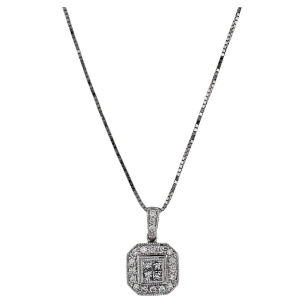 0.50ctw Princess Diamond Halo Pendant Necklace 14k White Gold 18" Box Chain