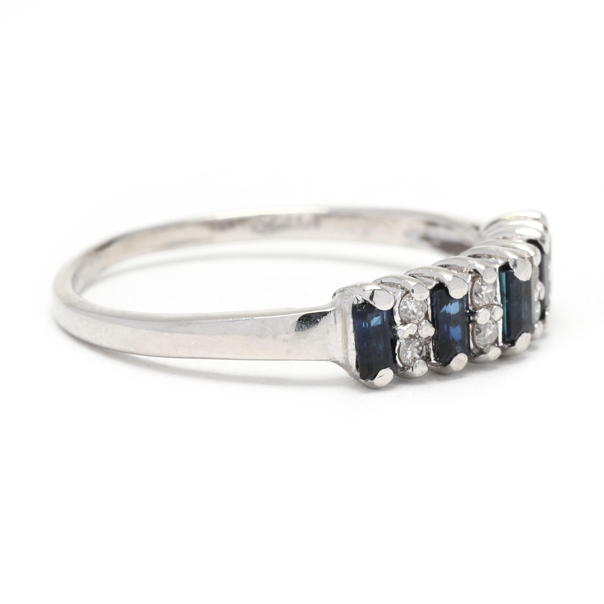 This beautiful sapphire diamond wedding band is made with 0.50ctw of genuine sapphires and diamonds, expertly set in a stackable design of platinum. Its delicate and timeless design makes it perfect for wedding celebrations or daily use. This