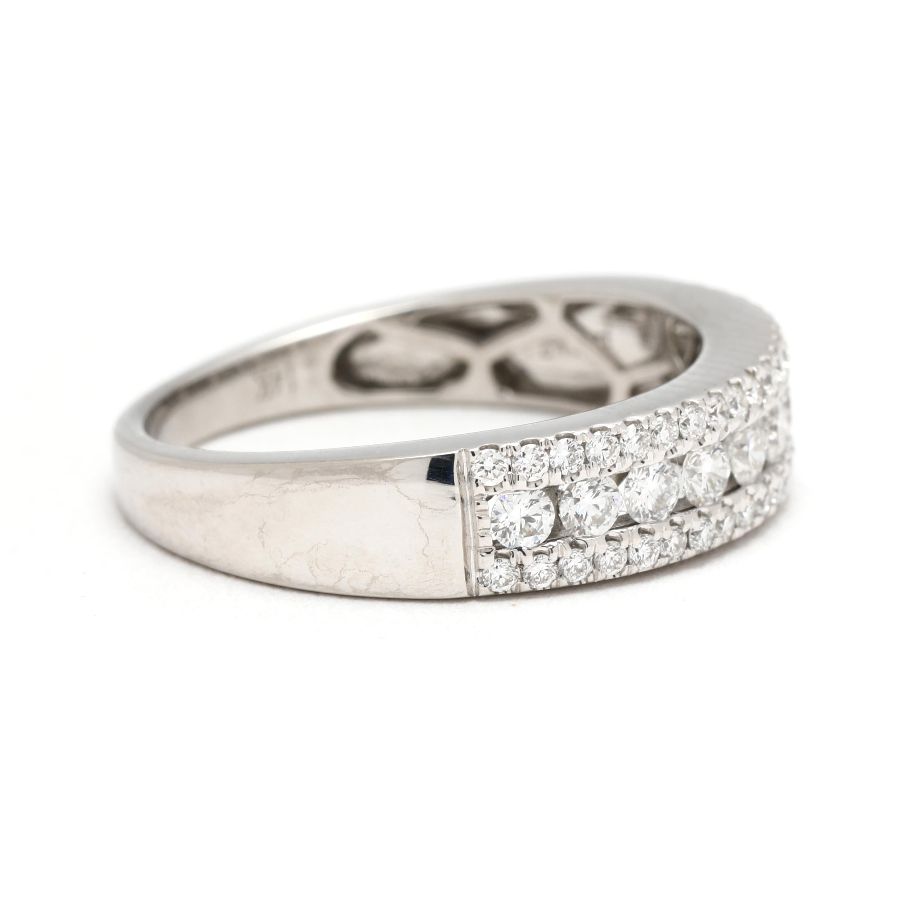 Stones:
diamond, 50
round brilliant cut
1.1 - 2 mm
approximately .50 total carats
FG color/ VS2-SI1 clarity

Ring Size 6

Rise Off Of Finger: 2.6 mm

Width: 4.9 mm

Weight: 1.9 dwts/ 2.9 grams

Stamps: 
