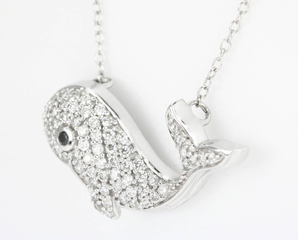 Emerald Cut 0.50pts Diamond & Sapphire Whale Necklace 14K Gold Nautical Pendant For Sale