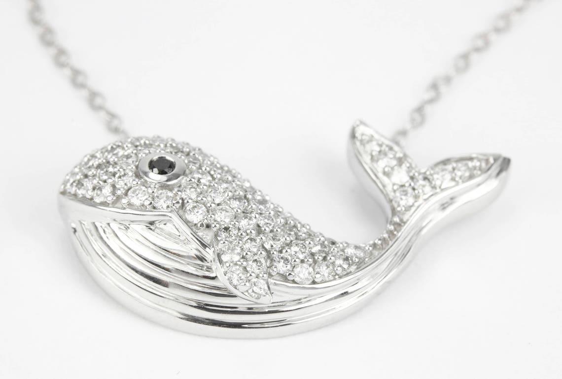 0.50pts Diamond & Sapphire Whale Necklace 14K Gold Nautical Pendant In New Condition For Sale In Jupiter, FL