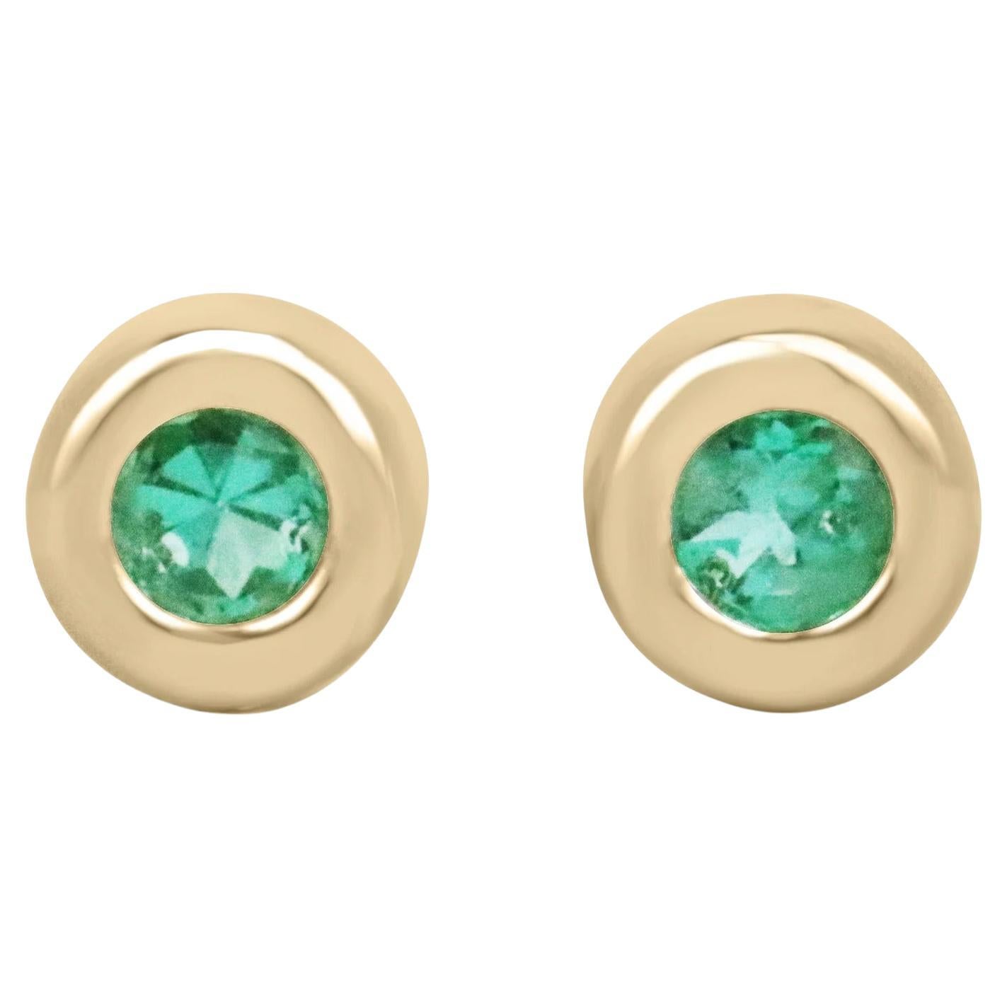 0.50tcw Round Colombian Emerald Light Spring Green Bezel Set Stud Earrings 14K