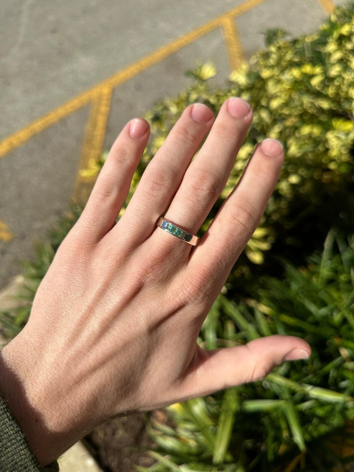 Modern 0.50tcw SS Men's Three Stone Natural Medium Green Princess Cut Emerald Band Ring For Sale