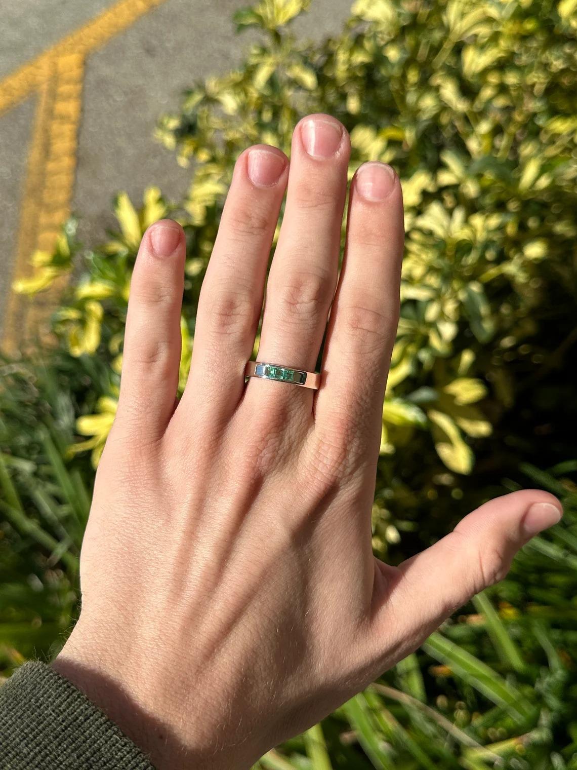 0.50tcw SS Men's Three Stone Natural Medium Green Princess Cut Emerald Band Ring For Sale 1