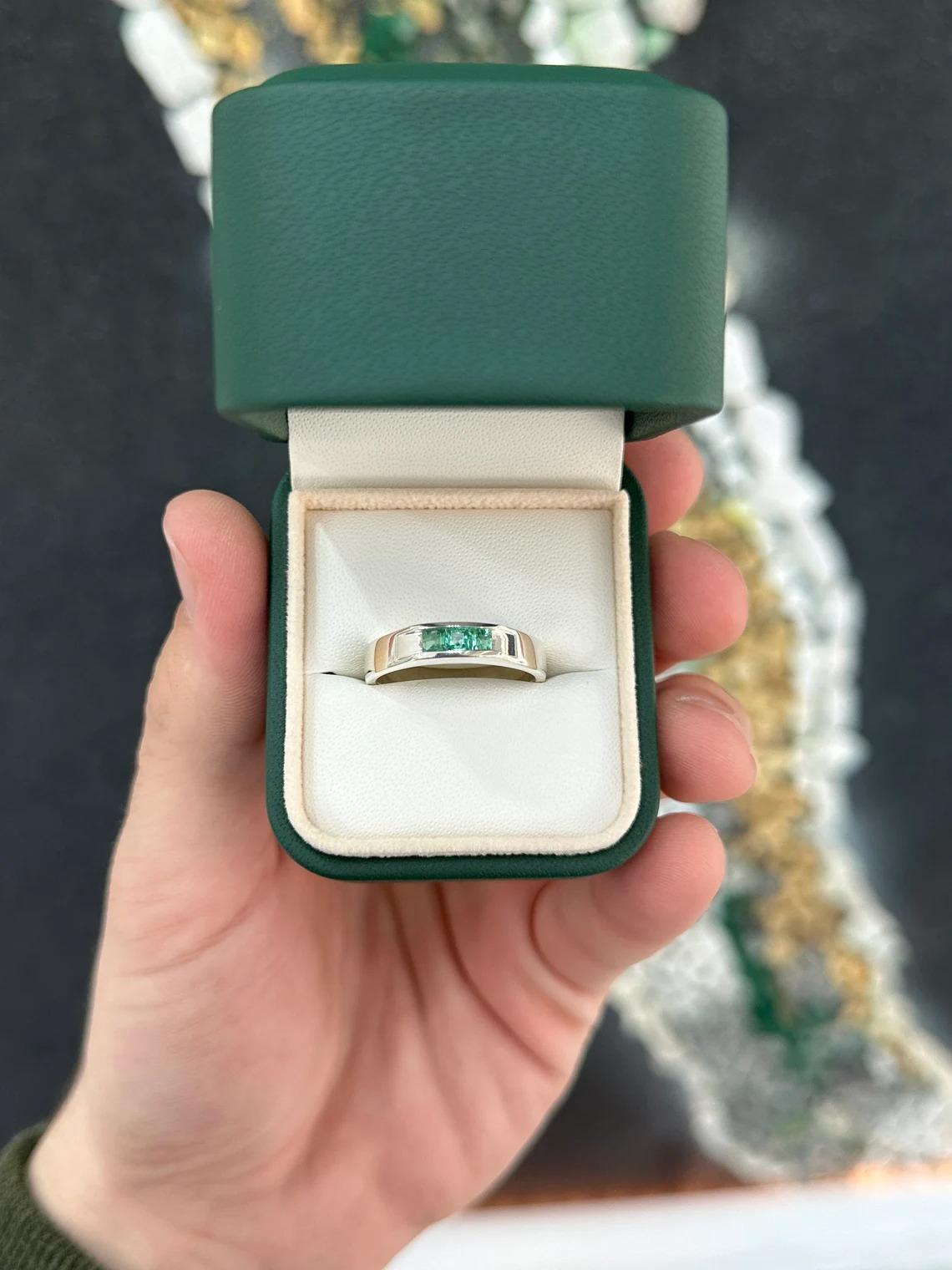 0.50tcw SS Men's Three Stone Natural Medium Green Princess Cut Emerald Band Ring For Sale 2