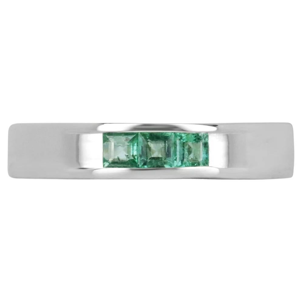 0.50tcw SS Men's Three Stone Natural Medium Green Princess Cut Emerald Band Ring For Sale