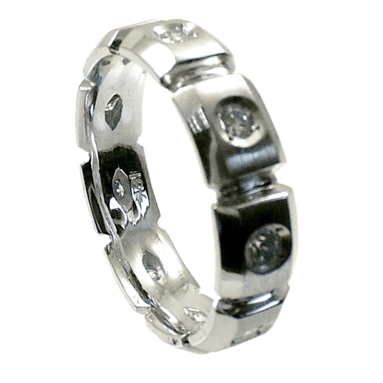 This Beautiful Gent's ring is made in 18K white gold with shiny finish sides and mat finish middle. It has 9 pieces of perfectly matched 2.3 mm Round Brilliant Diamonds(Total Weight 0.51 Ct) Bezel set on the top. 
Total Diamond Weight: 0.51 Ct